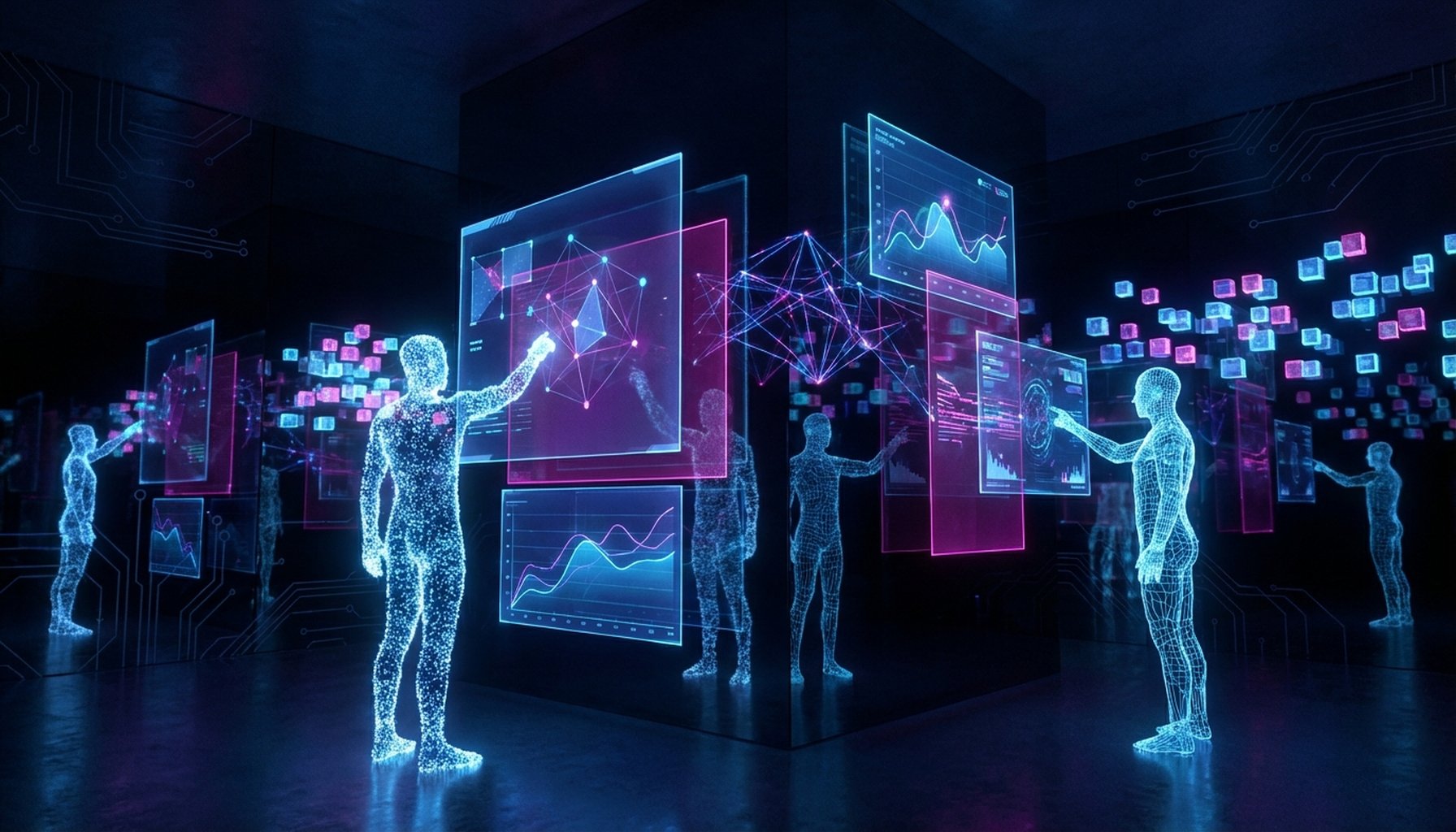 AI Voice Assistants vs Text Chatbots - What's Best For Your Business 2 A clean, professional digital display showing various statistics and data points, with subtle charts or graphs indicating growth and reduction.