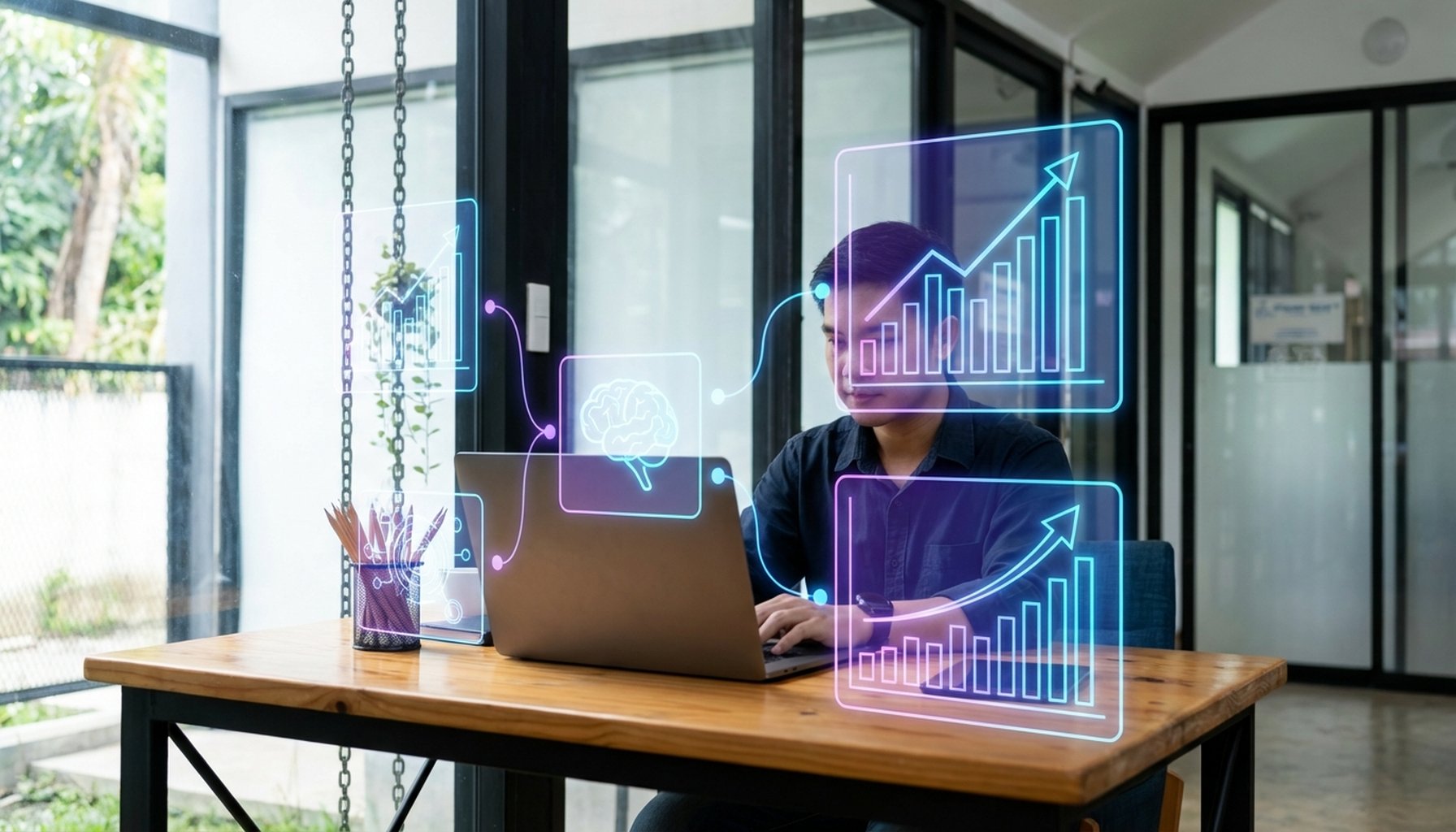 The Ultimate Guide to LinkedIn Lead Generation in UAE and Saudi Arabia 2 Digital dashboard displaying financial data, growth charts, and AI icons representing marketing spend and cost reduction.