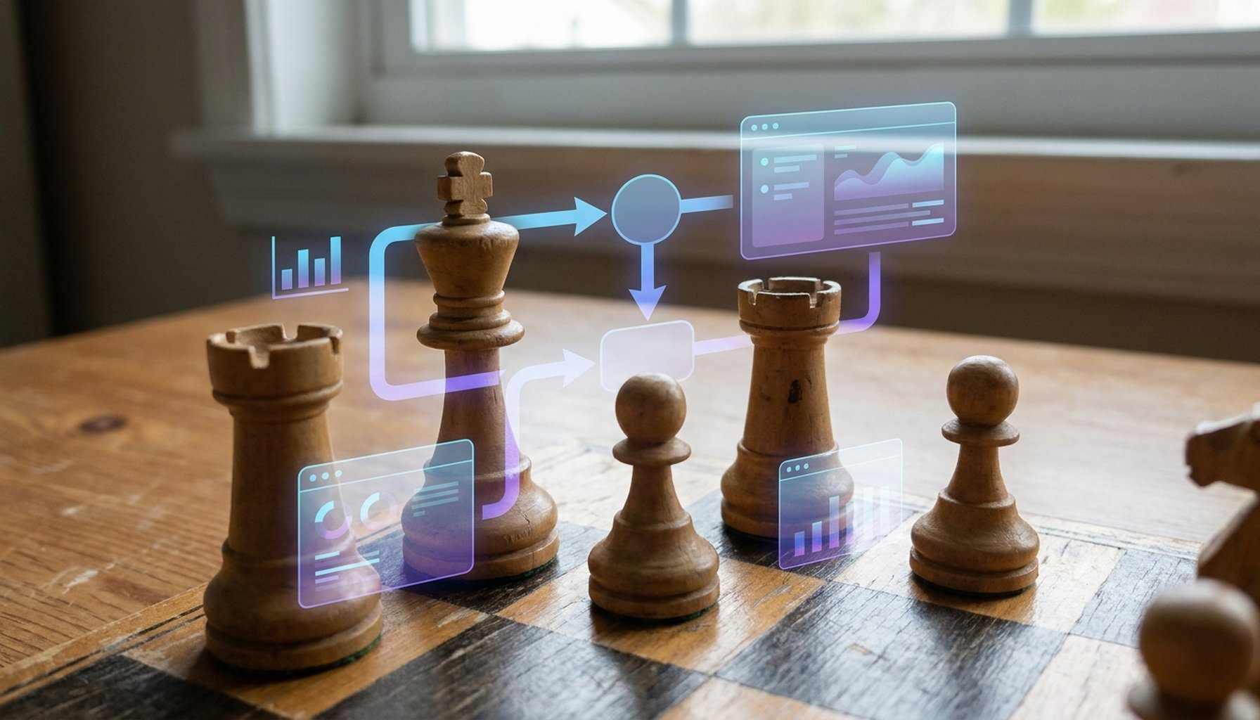 AI Agents For Dubai Real Estate: 7 Critical Functions To Automate for Maximum ROI 3 Abstract image of strategic chess pieces positioned on a glowing, futuristic digital chessboard, representing competitive advantage and strategic intelligence.