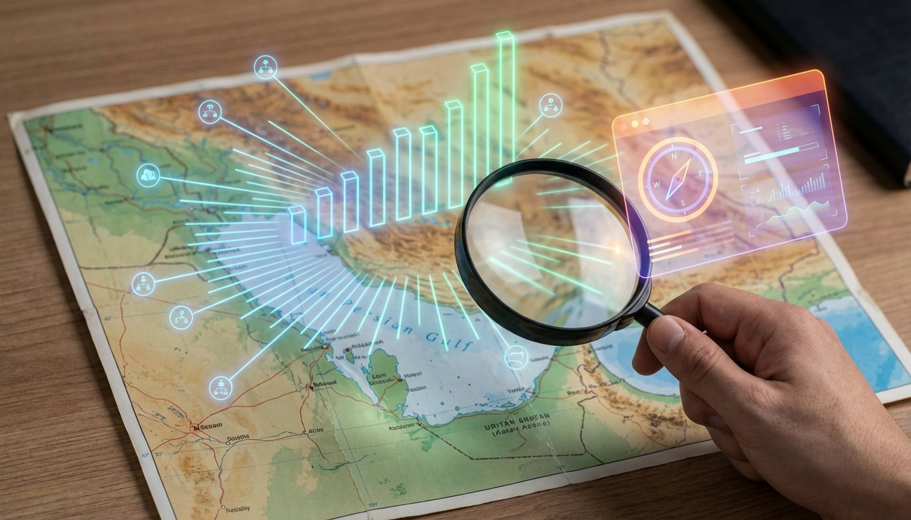 The Ultimate Guide to LinkedIn Lead Generation in UAE and Saudi Arabia 3 Magnifying glass highlighting a digital map of the GCC region, showing targeted data points for B2B sales.