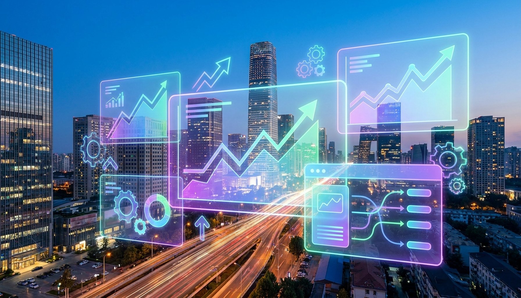 AI Agents For Dubai Real Estate: 7 Critical Functions To Automate for Maximum ROI 4 An abstract visual of an upward-trending growth graph with multiple ascending lines, subtly overlaid with a modern cityscape, symbolizing scalable AI solutions and long-term strategic value.