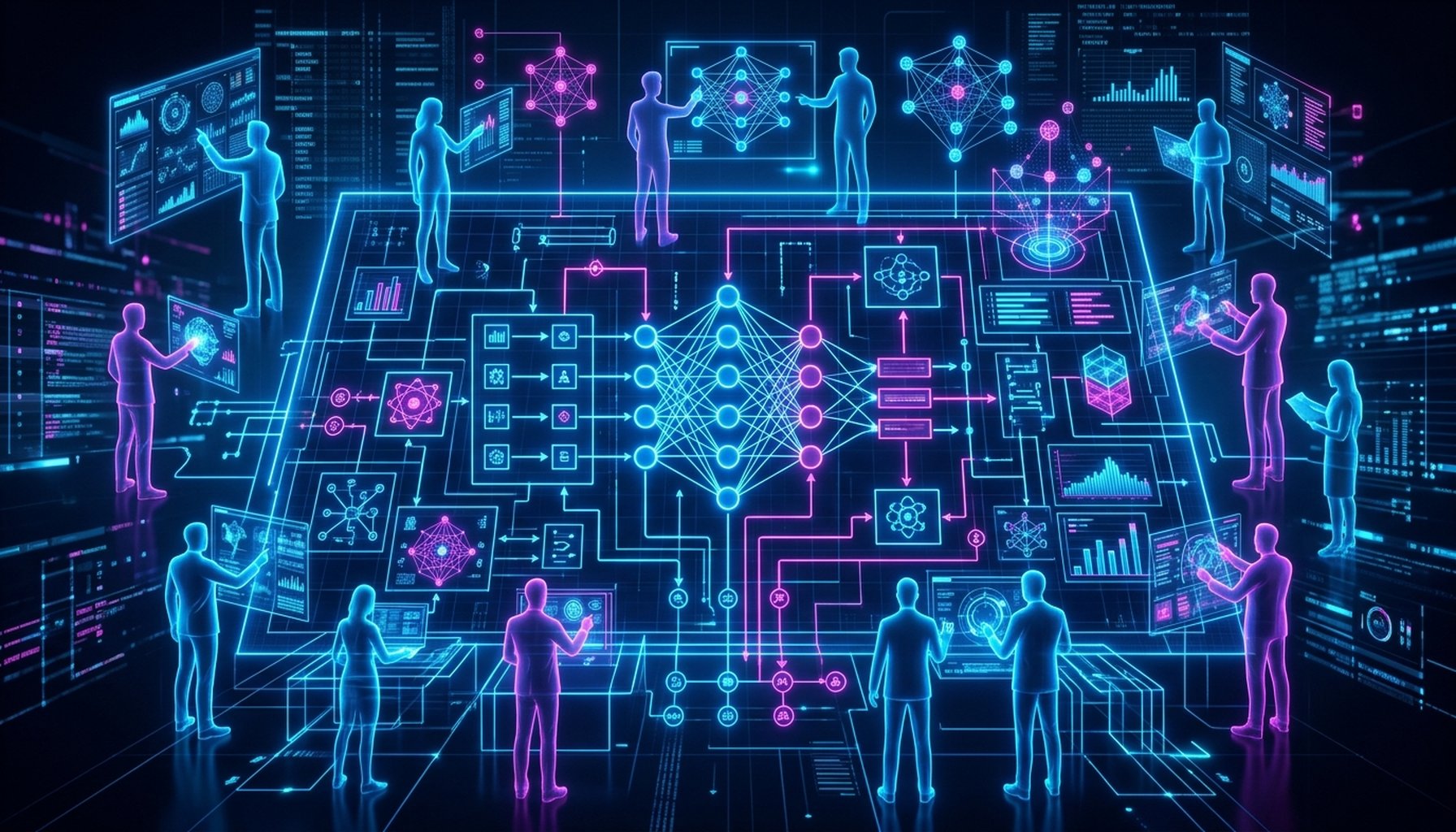 AI Marketing Automation For E-commerce And Retail in UAE: 7 Proven Strategies For Success 4 Blueprint-style graphic illustrating a structured AI marketing automation framework with interconnected components and human oversight symbols.