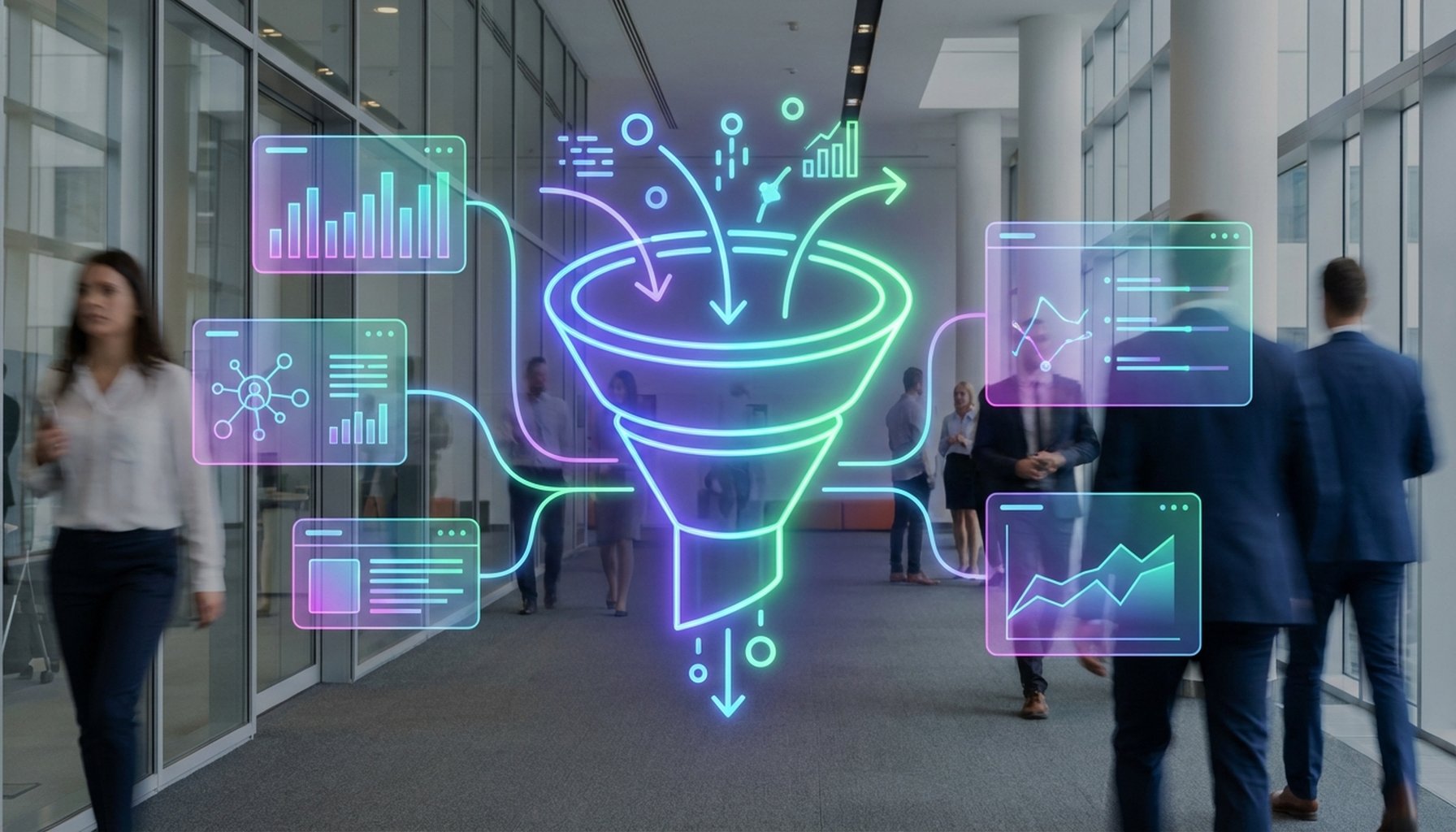 The Ultimate Guide to LinkedIn Lead Generation in UAE and Saudi Arabia 6 Stylized digital funnel illustration showing data entering at the top and refined outputs at the bottom, representing lead conversion.