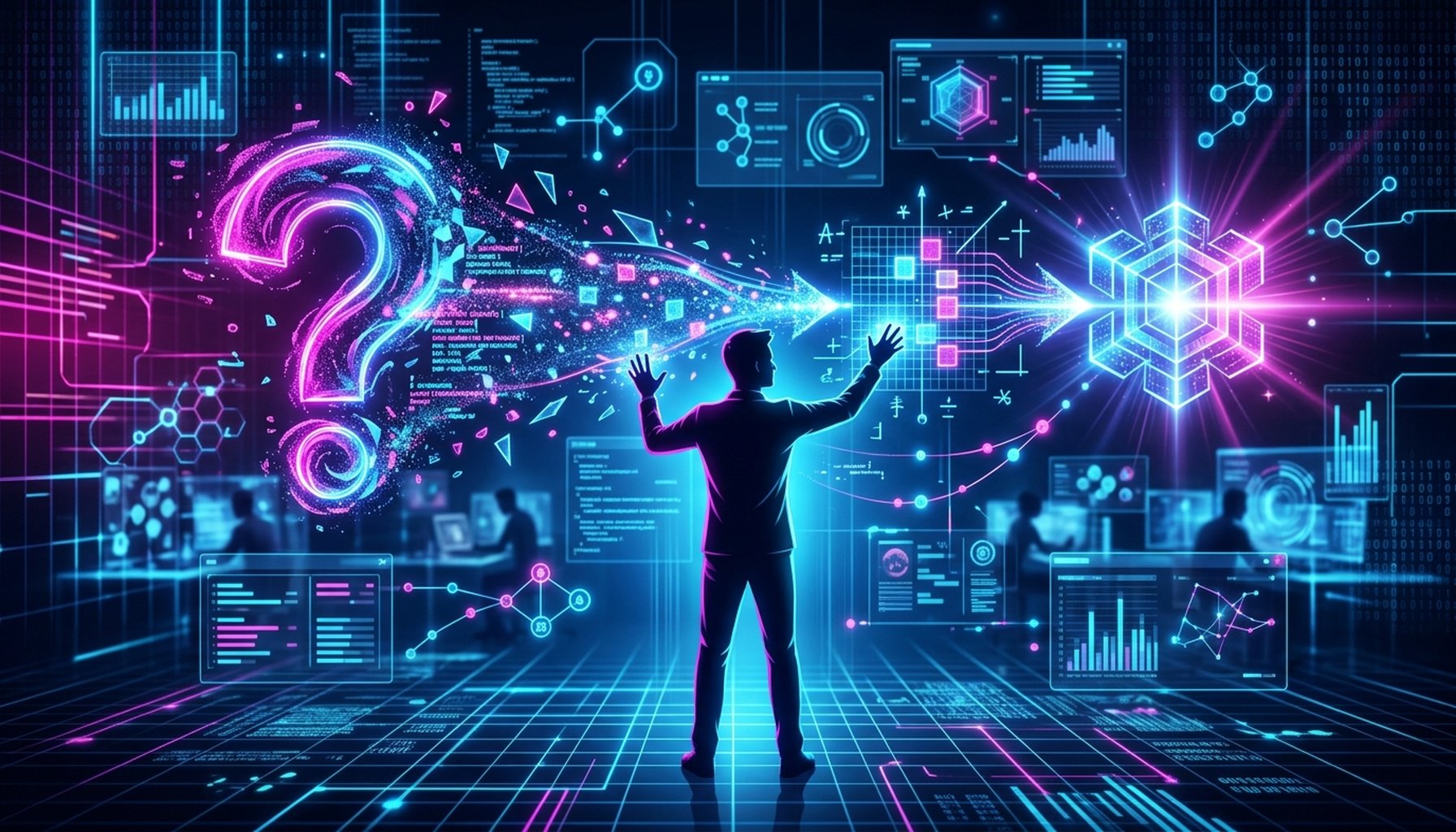 AI Marketing Automation For E-commerce And Retail in UAE: 7 Proven Strategies For Success 8 Abstract graphic depicting a question mark evolving into a clear solution, symbolizing problem-solving, guidance, and clarity.