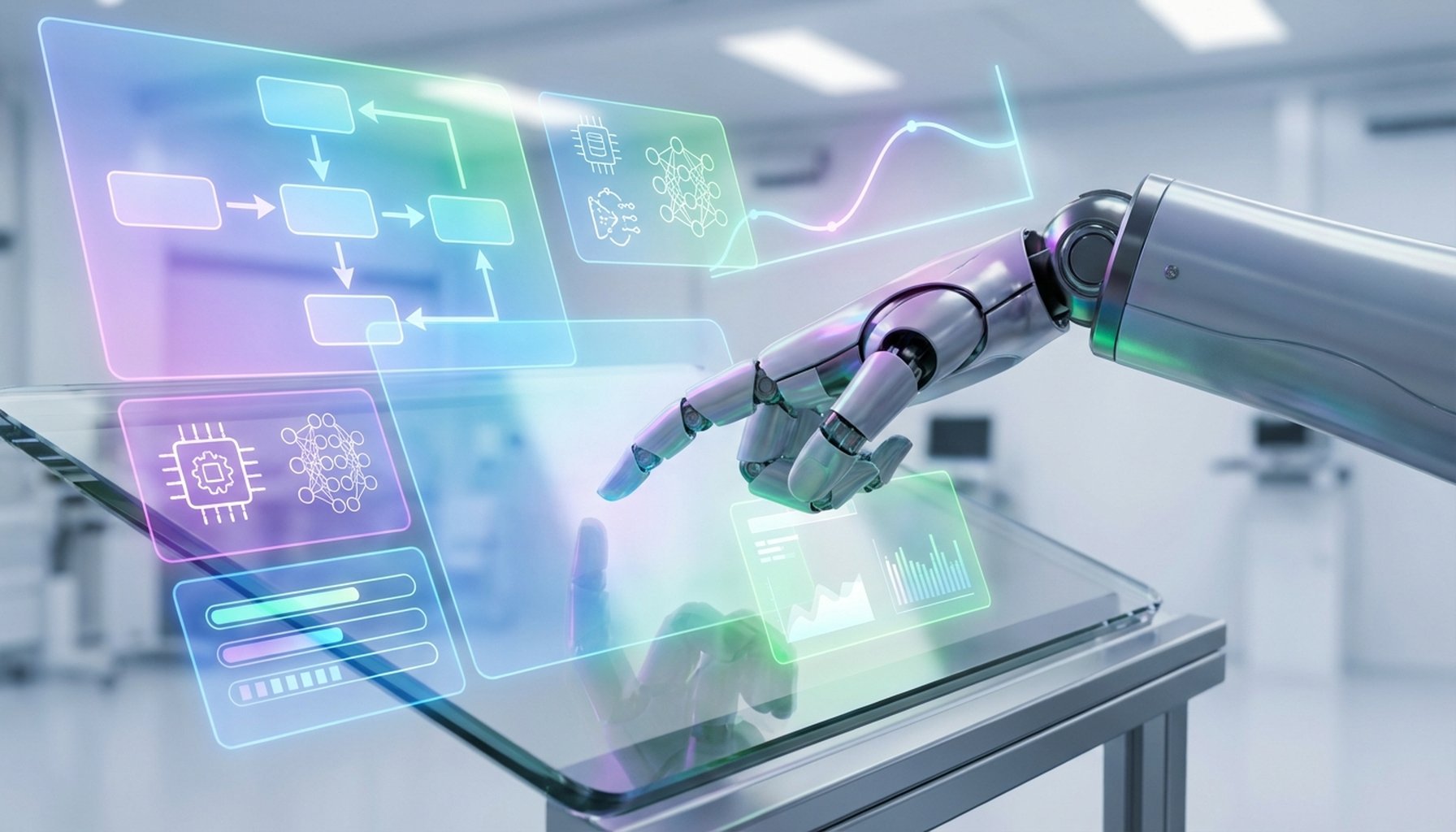The Ultimate Guide to LinkedIn Lead Generation in UAE and Saudi Arabia 8 Robotic arm extending towards a holographic screen displaying communication icons, symbolizing AI-driven automation and scaling.