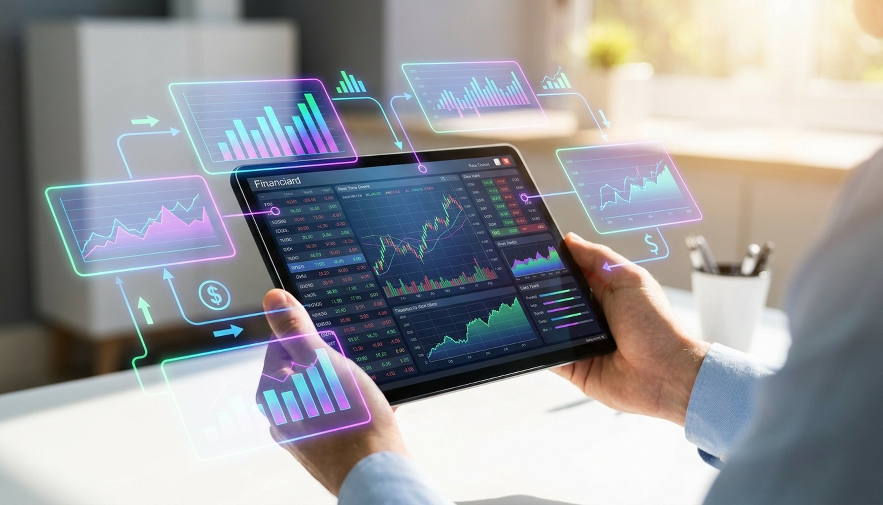 AI Agents For Dubai Real Estate: 7 Critical Functions To Automate for Maximum ROI 5 A professional shot of a tablet screen displaying detailed financial data analysis, charts, and graphs, illustrating ROI tracking and positive investment returns.