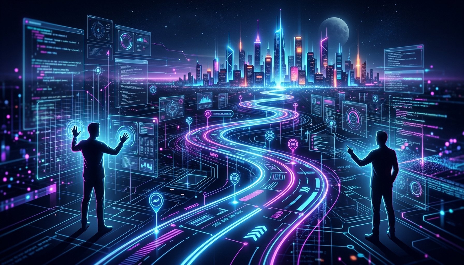 AI Marketing Automation For E-commerce And Retail in UAE: 7 Proven Strategies For Success 9 Winding path or roadmap leading towards a futuristic city skyline, symbolizing business transformation and a strategic journey through AI.