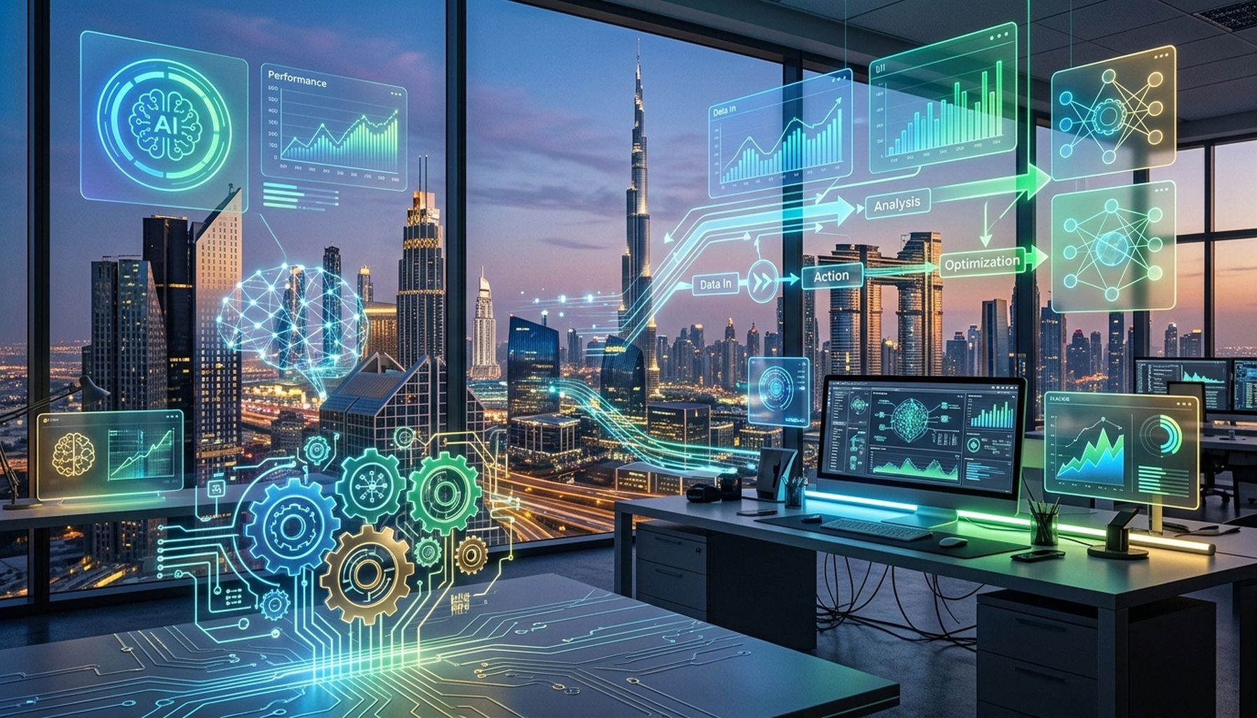 Agentic AI implementation Dubai private sector guide cover image, showing futuristic AI integration with Dubai's skyline.