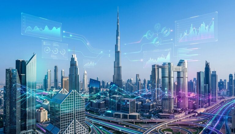 Home 25 Futuristic Dubai skyline with digital overlays symbolizing AI Agents Dubai Real Estate automating property functions.