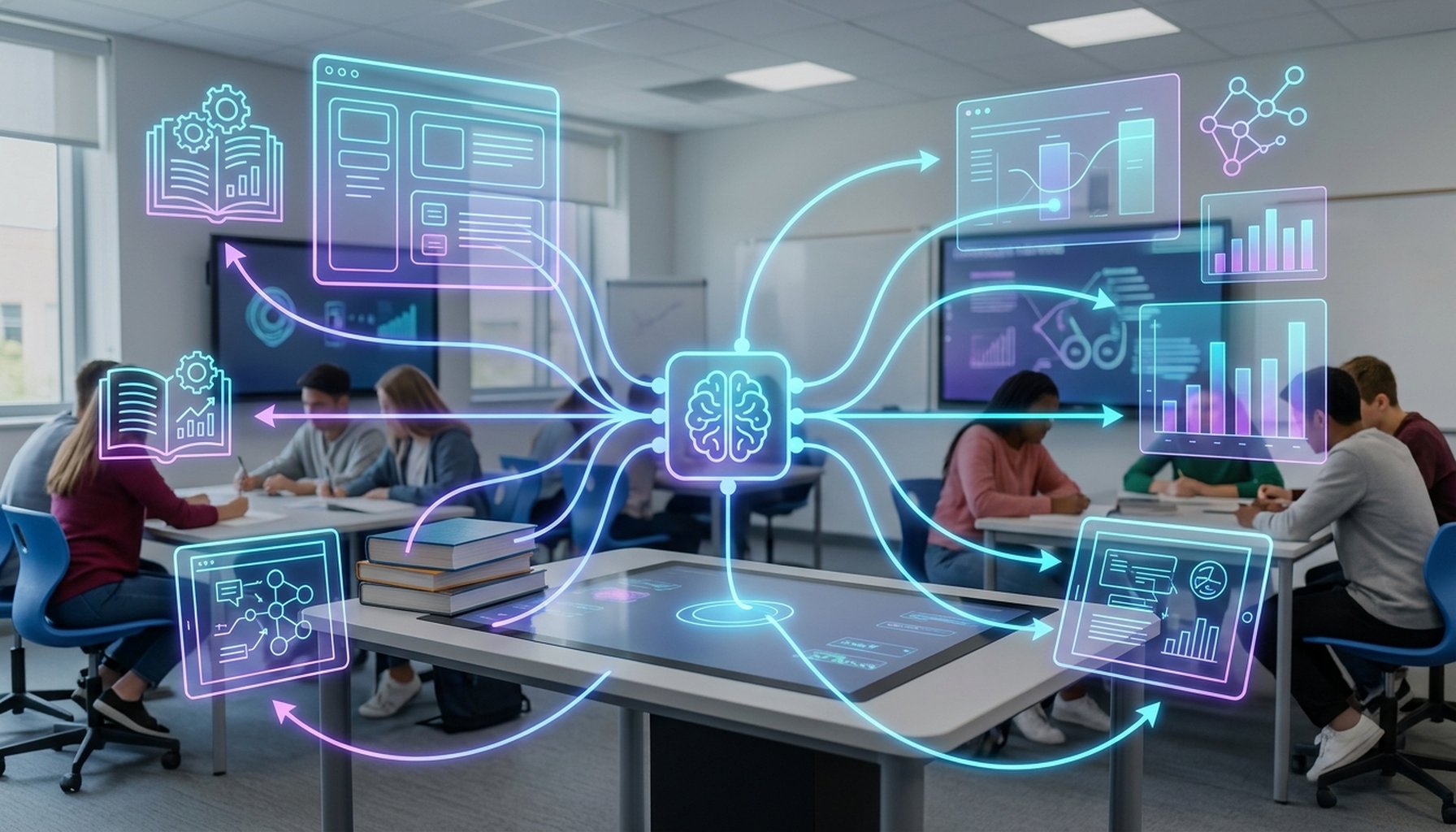 Abstract digital art illustrating the integration of AI in education, showing neural networks connecting learning elements for clarity and innovation.