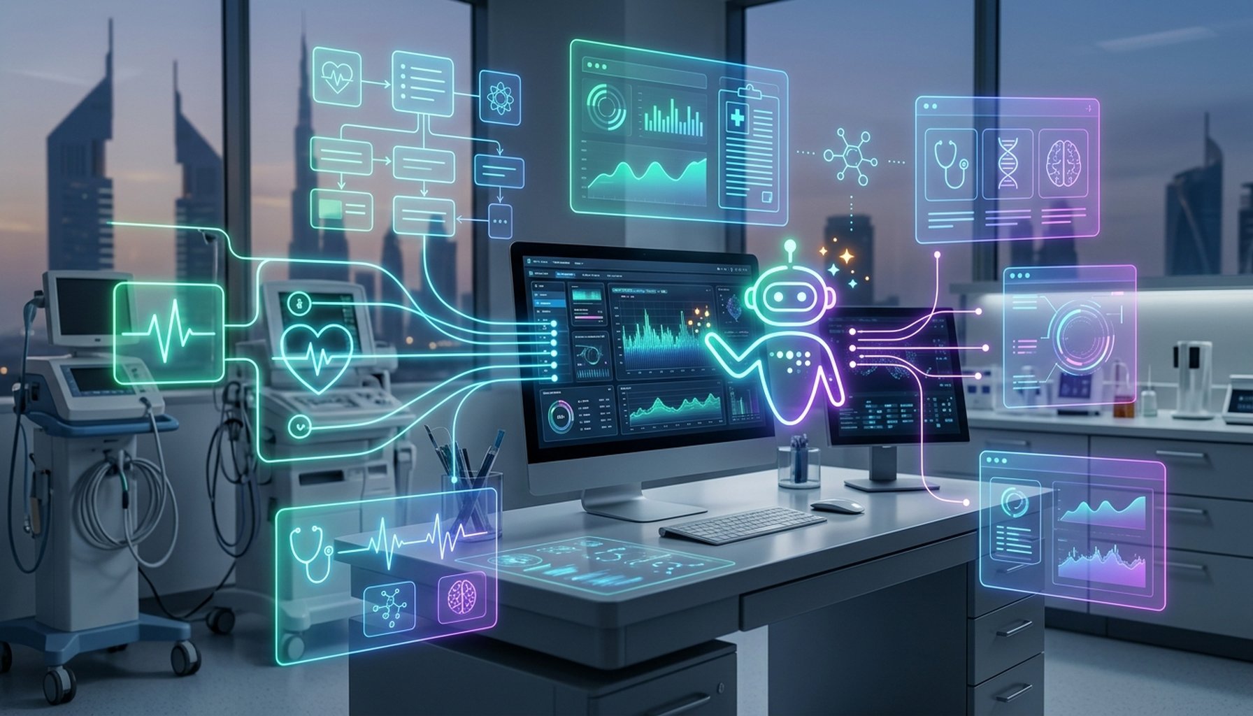 Digital interface showing a healthcare chatbot assisting with patient data and scheduling in the UAE.