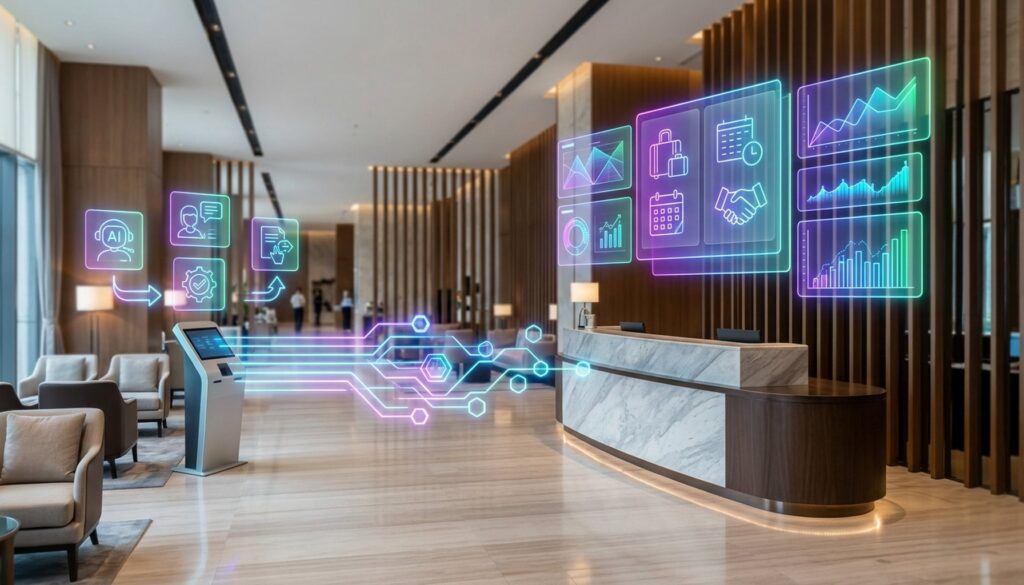 7 Proven Hospitality AI Agents Transforming Hotel Reservations & Guest Support 1 Digital interface representing hospitality AI agents streamlining hotel reservations and guest support.