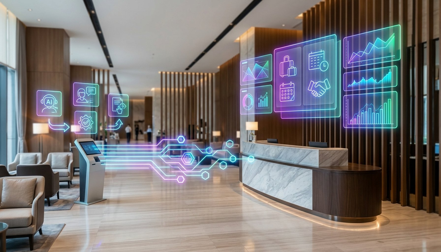 Digital interface representing hospitality AI agents streamlining hotel reservations and guest support.
