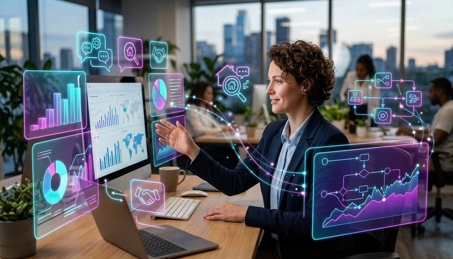 Agentic AI Implementation in Dubai Private Sector: The Ultimate Guide for 2026 1 Abstract illustration showing AI bots processing real estate lead data.