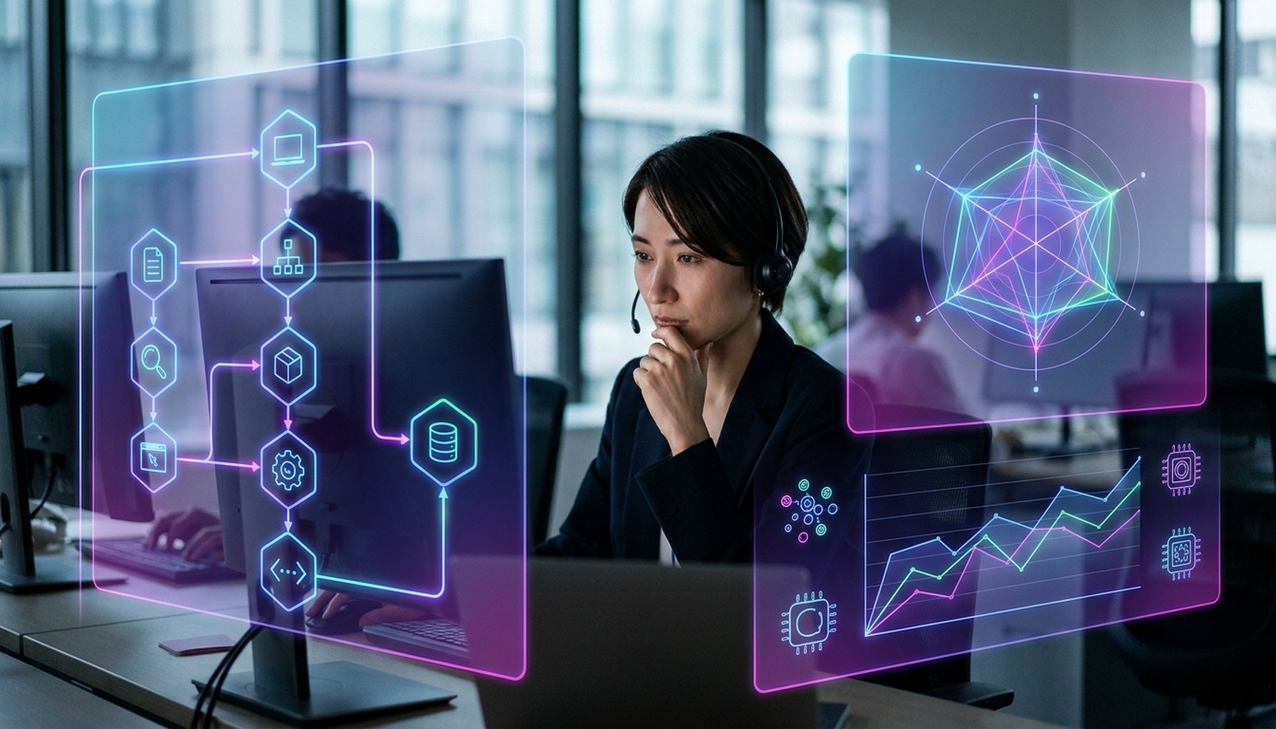 Agentic AI For The UAE & GCC: What Is it & Why Your Business Needs it. 1 Illustration showing a network of interconnected nodes representing AI making complex decisions, with data flowing through a decision tree structure.