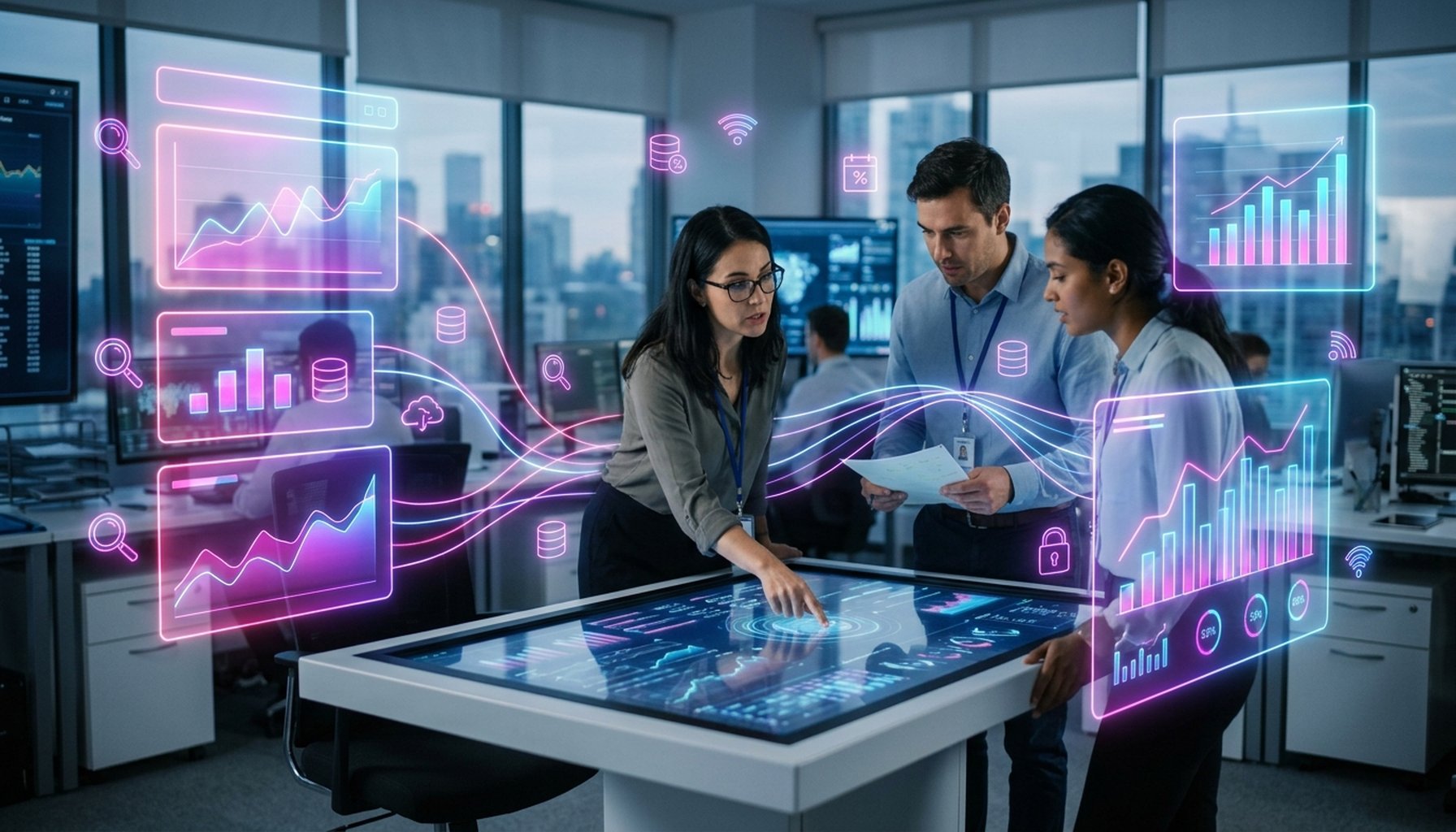 Healthcare AI Agents & Chatbots UAE: Transforming Compliance and Patient Service 1 Abstract graphic showing interconnected data points and analytical charts, representing key statistics and organizational metrics.