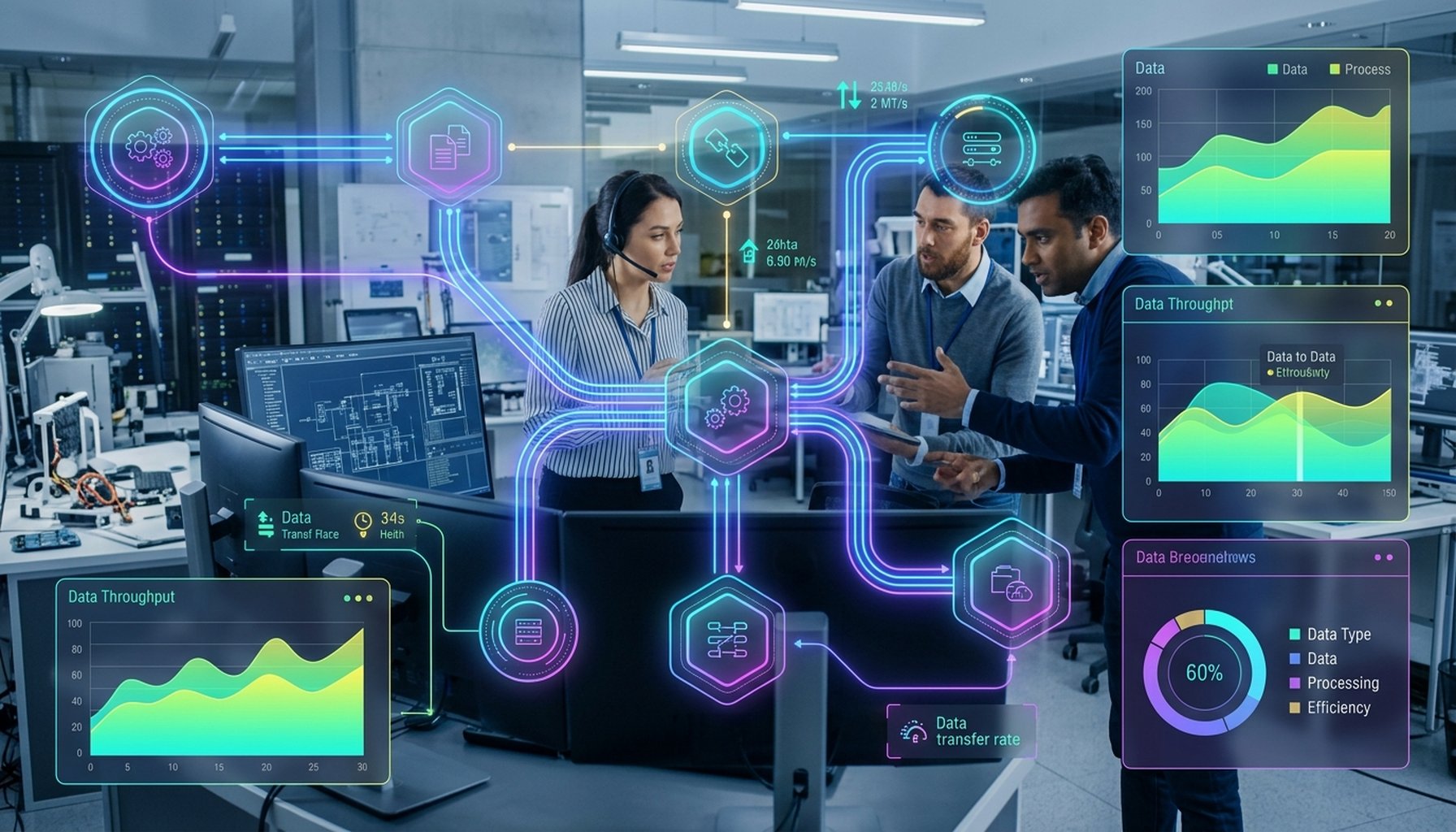 7 Proven Hospitality AI Agents Transforming Hotel Reservations & Guest Support 1 Abstract visual showing seamless data integration between various technological platforms, symbolizing API-first approach and system compatibility.