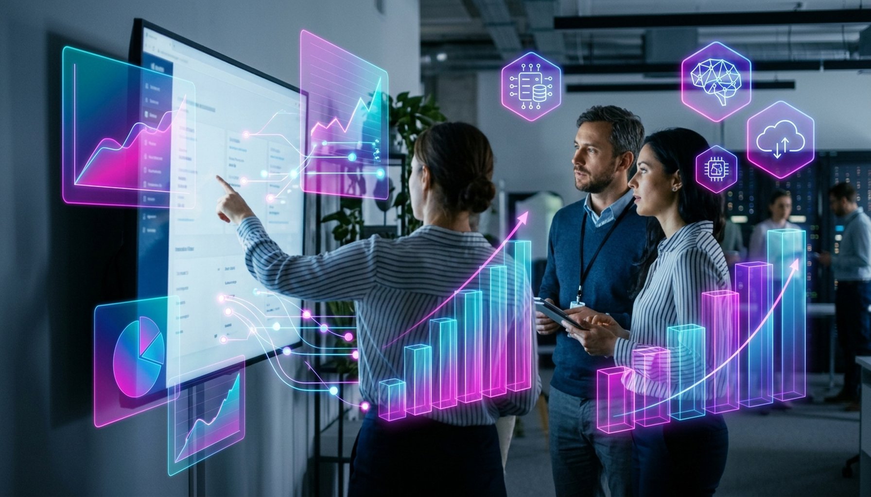 Agentic AI Implementation in Dubai Private Sector: The Ultimate Guide for 2026 2 Infographic style image with digital charts and numbers representing AI transformation statistics.