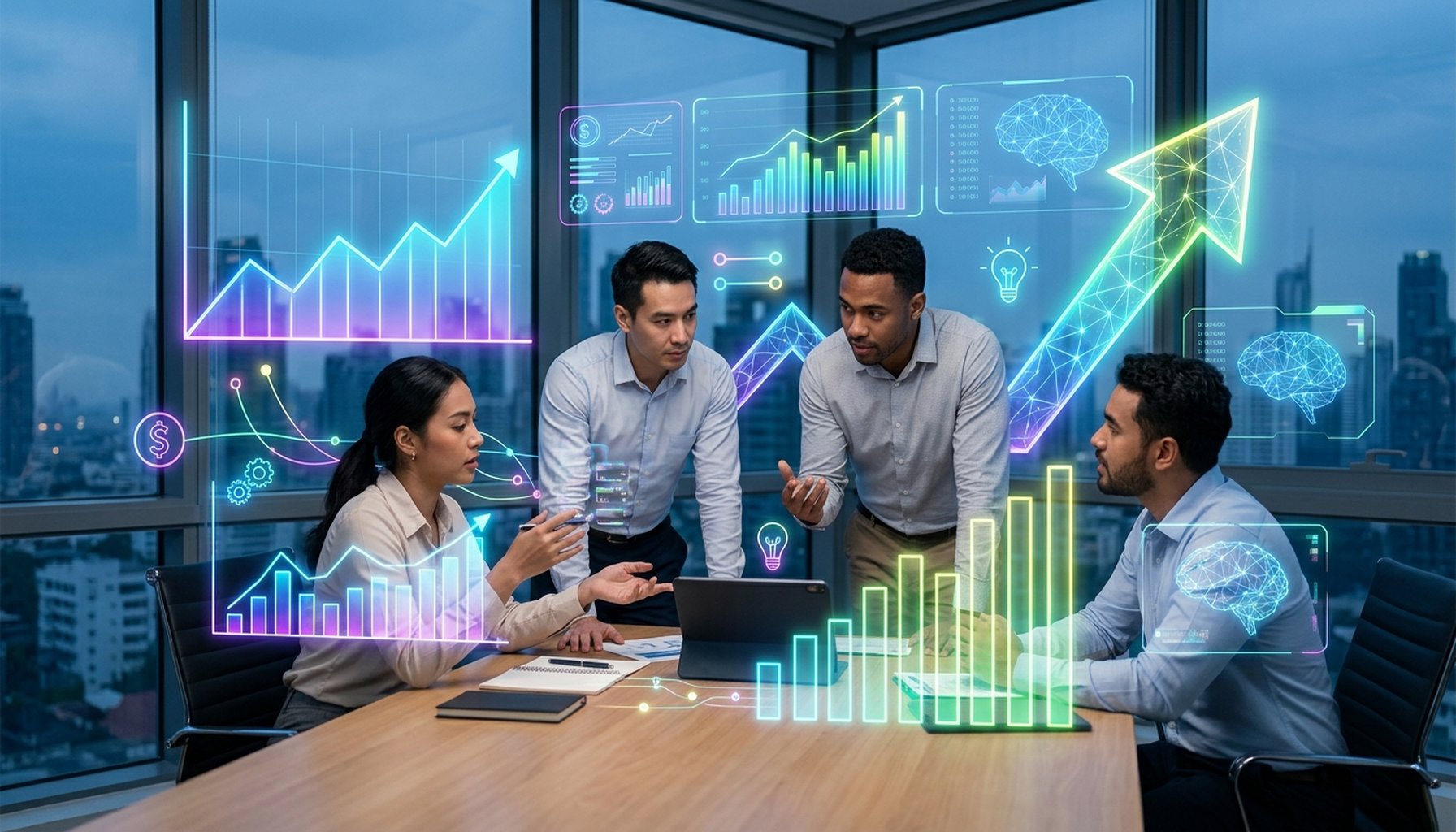 Agentic AI For The UAE & GCC: What Is it & Why Your Business Needs it. 2 Professional graphic depicting upward trending financial charts and growth arrows, subtly integrated with abstract AI elements, symbolizing return on investment.