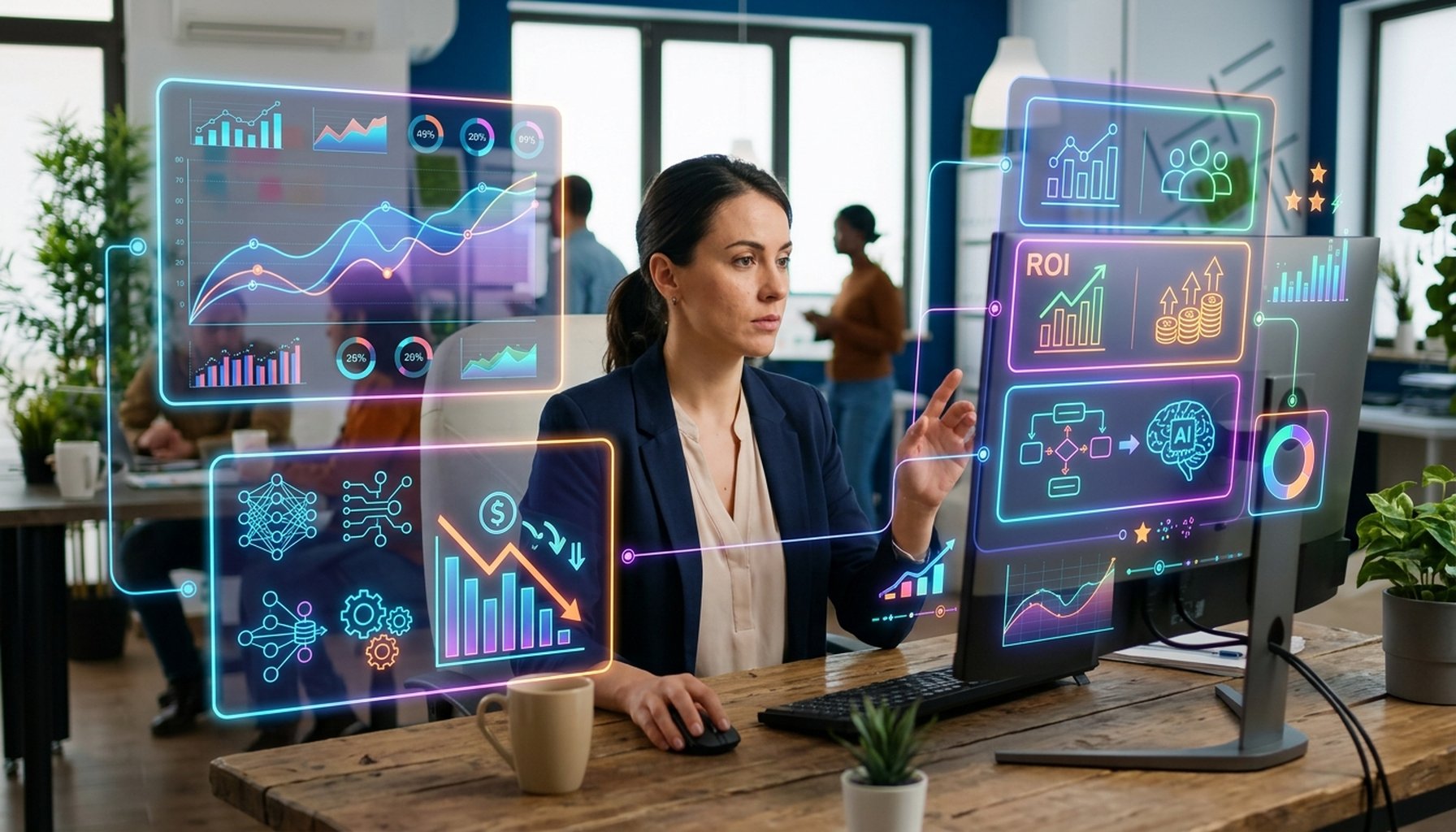 A sleek digital display presenting key statistics related to AI marketing spend and cost reduction for Dubai businesses.