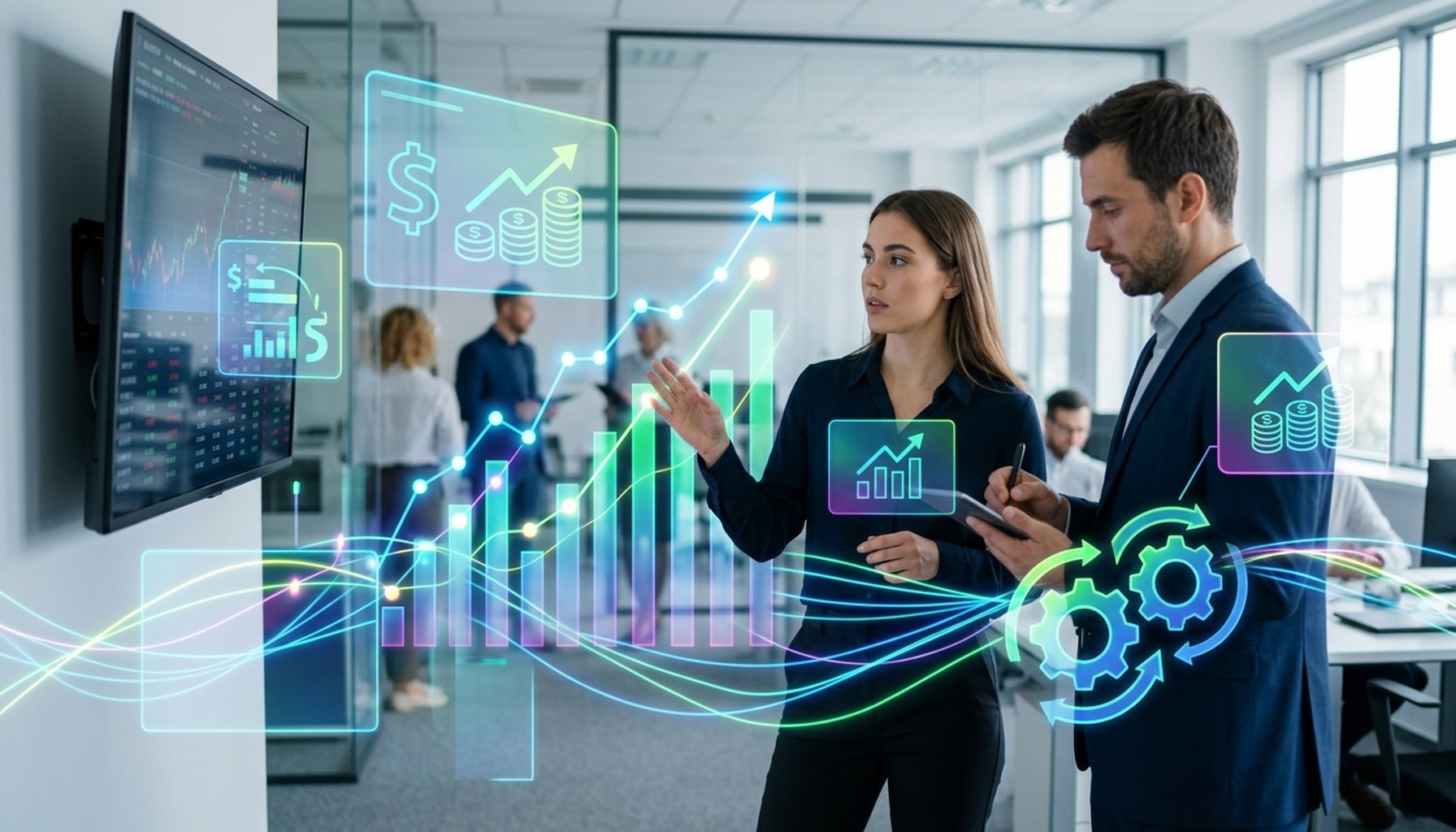 AI in Education: From Chaos to Clarity for Educational Leaders in 2026 2 An upward trending growth chart with abstract financial symbols and interconnected gears representing efficiency.
