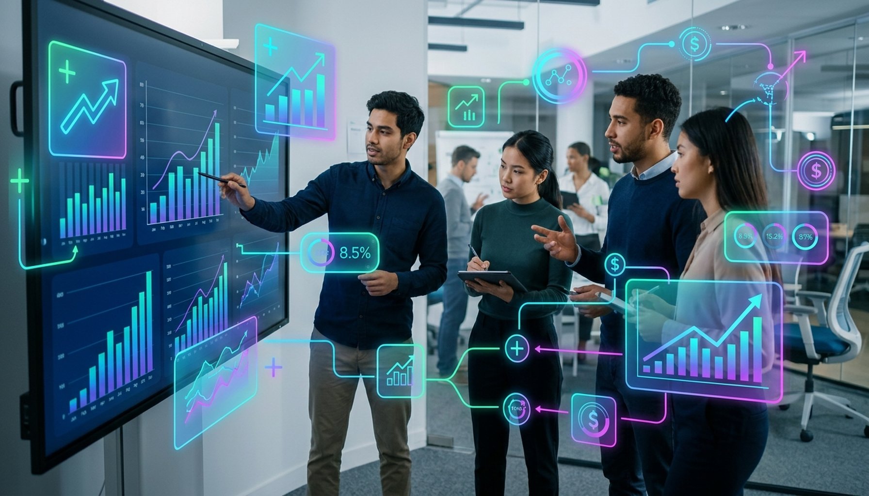 7 Proven Hospitality AI Agents Transforming Hotel Reservations & Guest Support 2 A clear digital dashboard displaying upward trending graphs, financial statistics, and percentage reductions, representing measurable business impact and ROI.