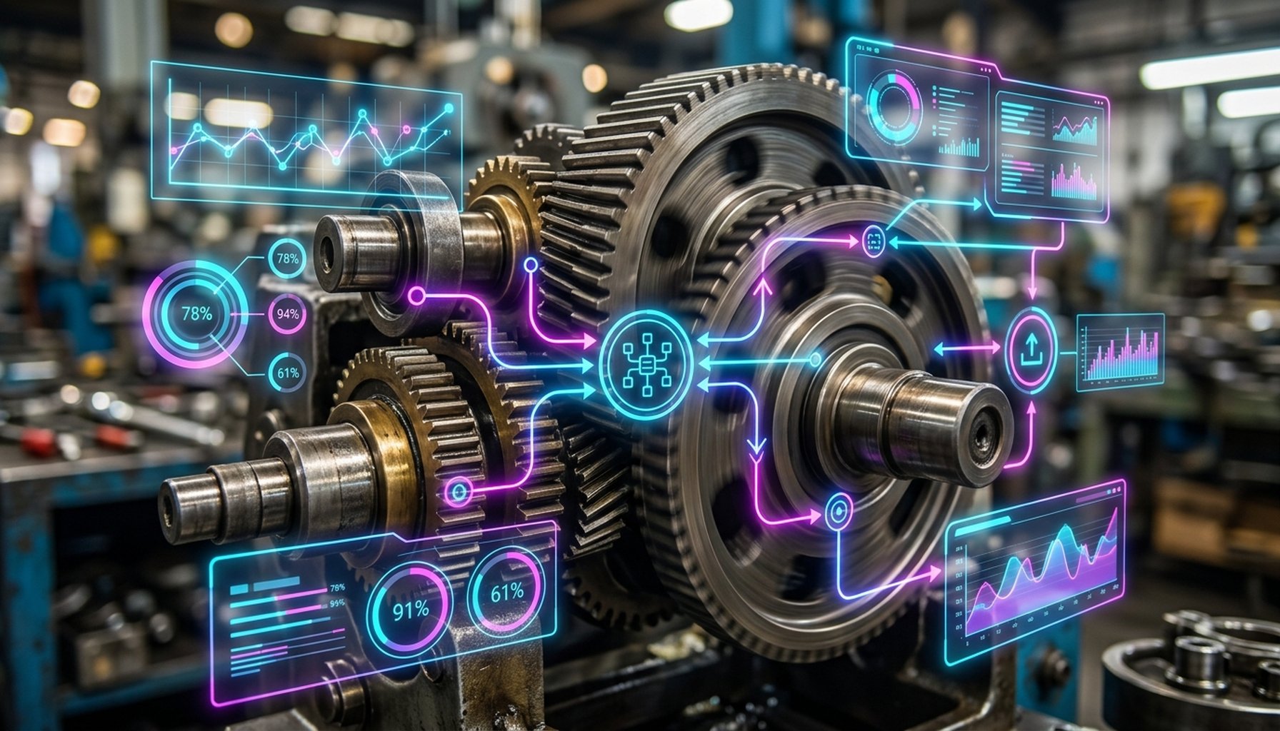 Agentic AI For The UAE & GCC: What Is it & Why Your Business Needs it. 3 Abstract illustration of interconnected gears and data streams, symbolizing the seamless integration of AI into enterprise systems for enhanced compliance and efficiency.