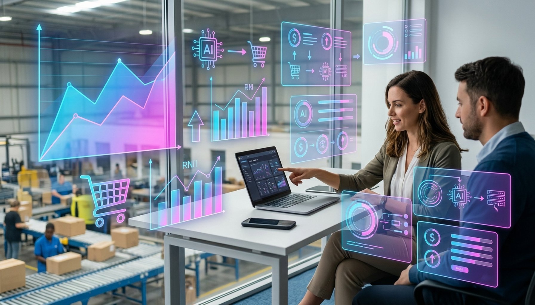 AI Agent & Chatbot Development Cost in Dubai: The Complete 2026 Pricing Guide with ROI Strategies 2 An abstract depiction of calculating return on investment for AI solutions in a retail or e-commerce setting.
