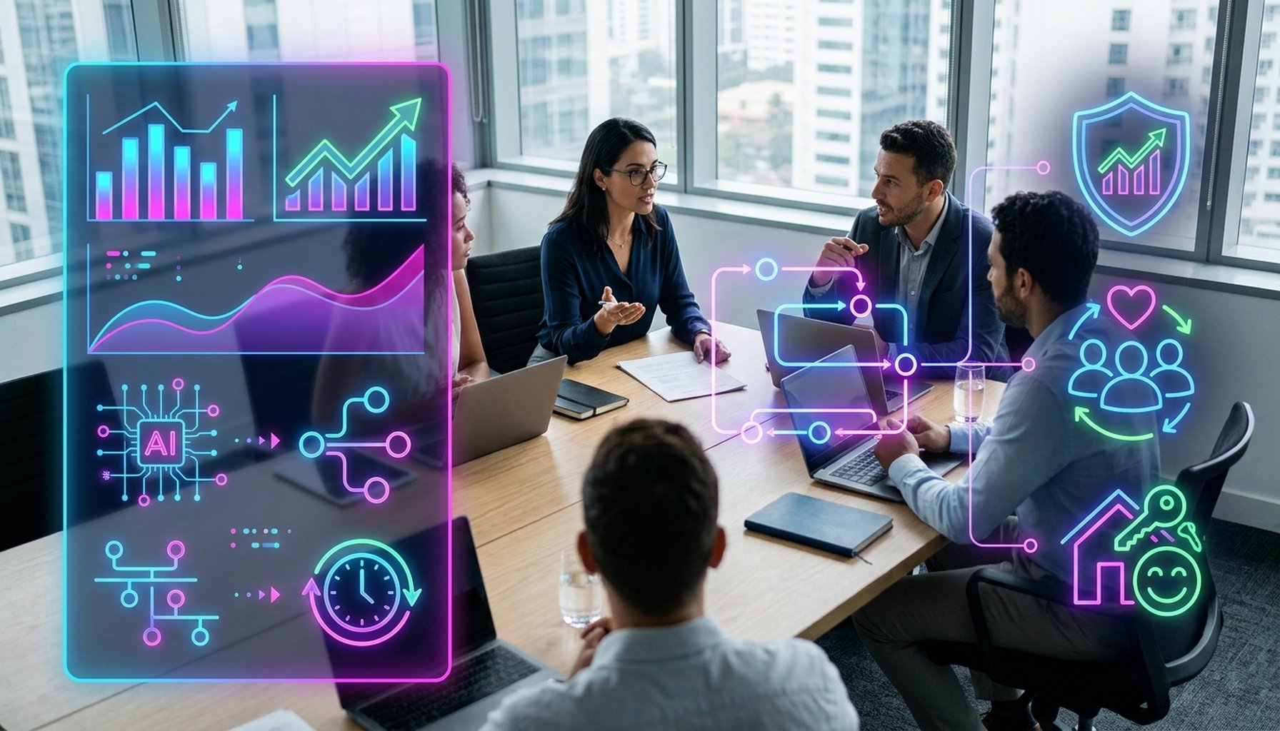 20+ Essential AI Agents and Intelligent Chatbots for Automating Dubai Real Estate 3 A conceptual diagram illustrating best practices for implementing AI automation in Dubai real estate, showing pathways to reduced administrative overhead and improved tenant retention through faster response times.