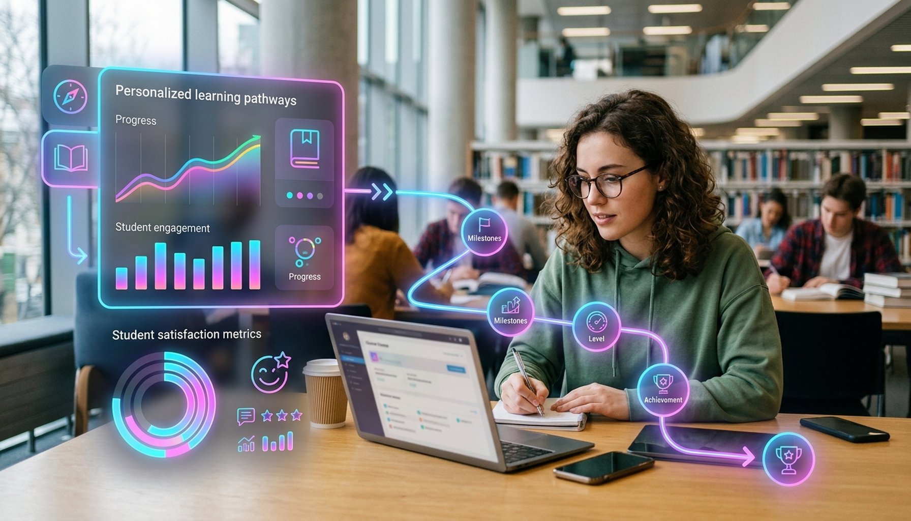 AI in Education: From Chaos to Clarity for Educational Leaders in 2026 3 Abstract visual of multiple personalized learning pathways branching out, with digital overlays indicating satisfaction metrics.