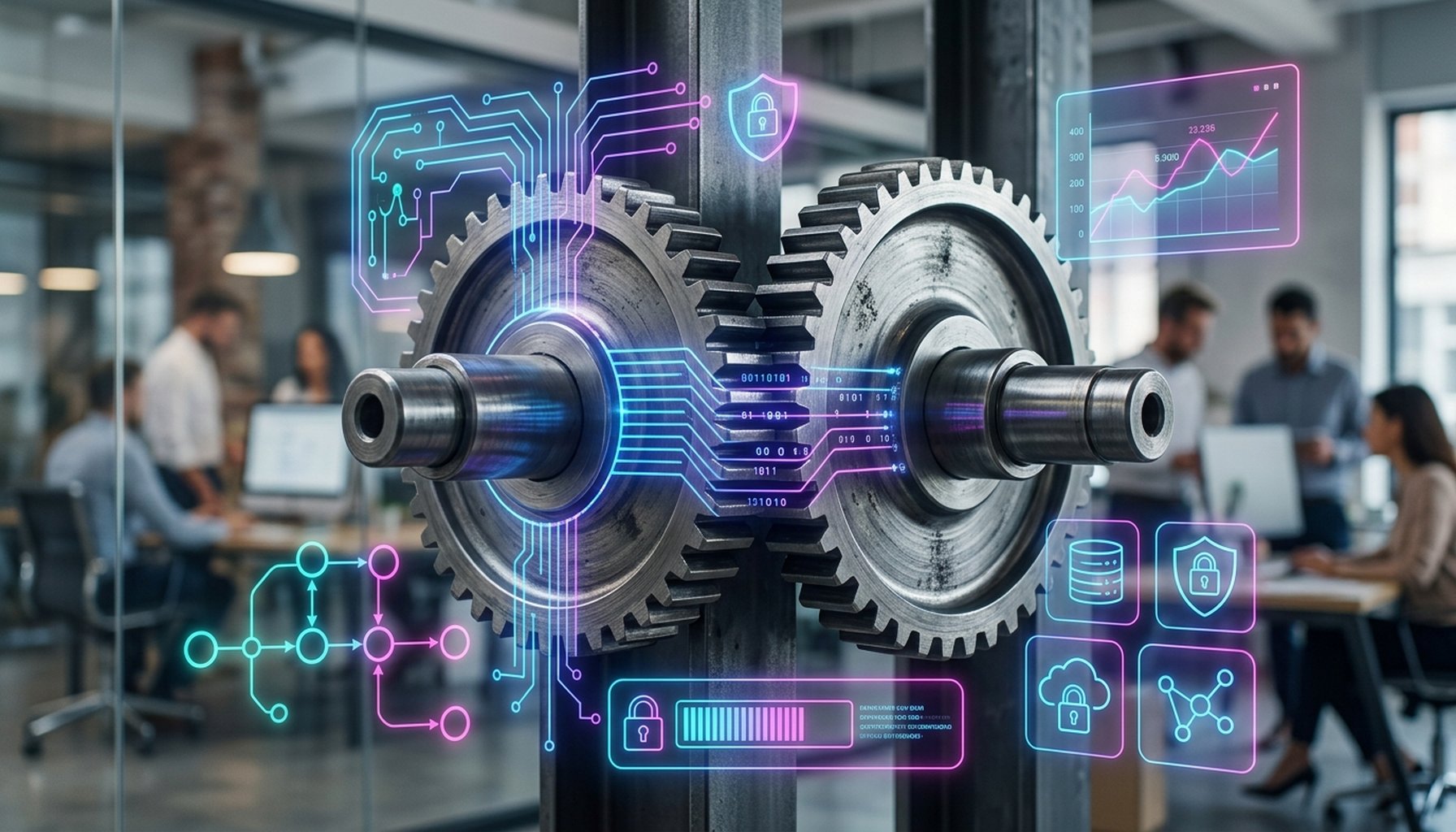 Healthcare AI Agents & Chatbots UAE: Transforming Compliance and Patient Service 3 Interlocking gears with one gear featuring a shield or lock icon, symbolizing strategic implementation, partnership, and data protection in AI chatbot development.