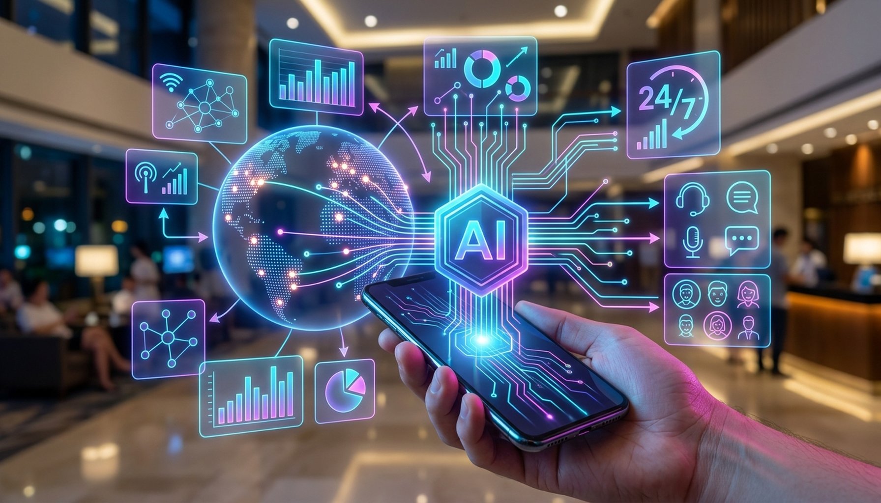 7 Proven Hospitality AI Agents Transforming Hotel Reservations & Guest Support 3 Stylized globe with lines connecting to a central point, representing worldwide, multilingual 24/7 guest support and personalized service.