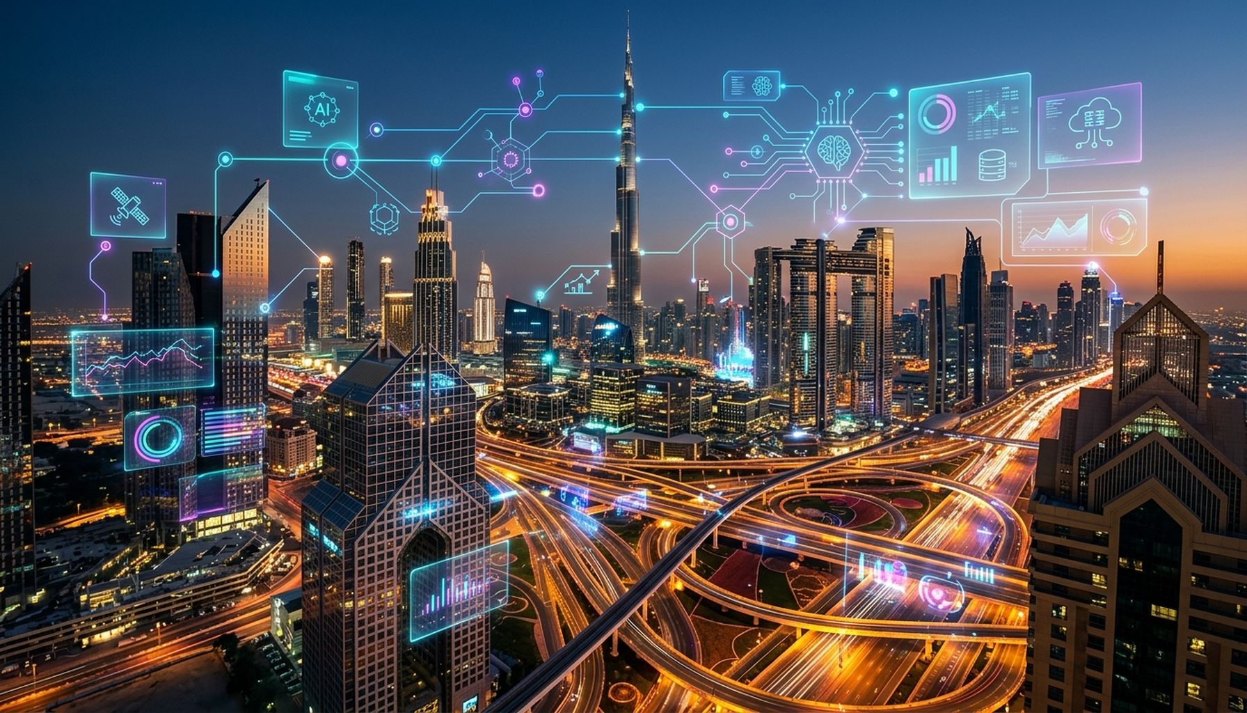 Agentic AI For The UAE & GCC: What Is it & Why Your Business Needs it. 4 Stylized digital representation of a UAE cityscape with an abstract, glowing AI network overlay, symbolizing real-world AI deployment and strategic planning.