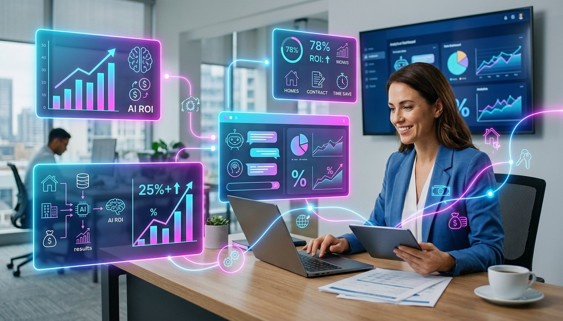 20+ Essential AI Agents and Intelligent Chatbots for Automating Dubai Real Estate 4 A visual representation of high return on investment (ROI) from AI agents and chatbots in real estate, featuring upward trending graphs and financial symbols indicating significant gains from lead scoring and valuation tools.