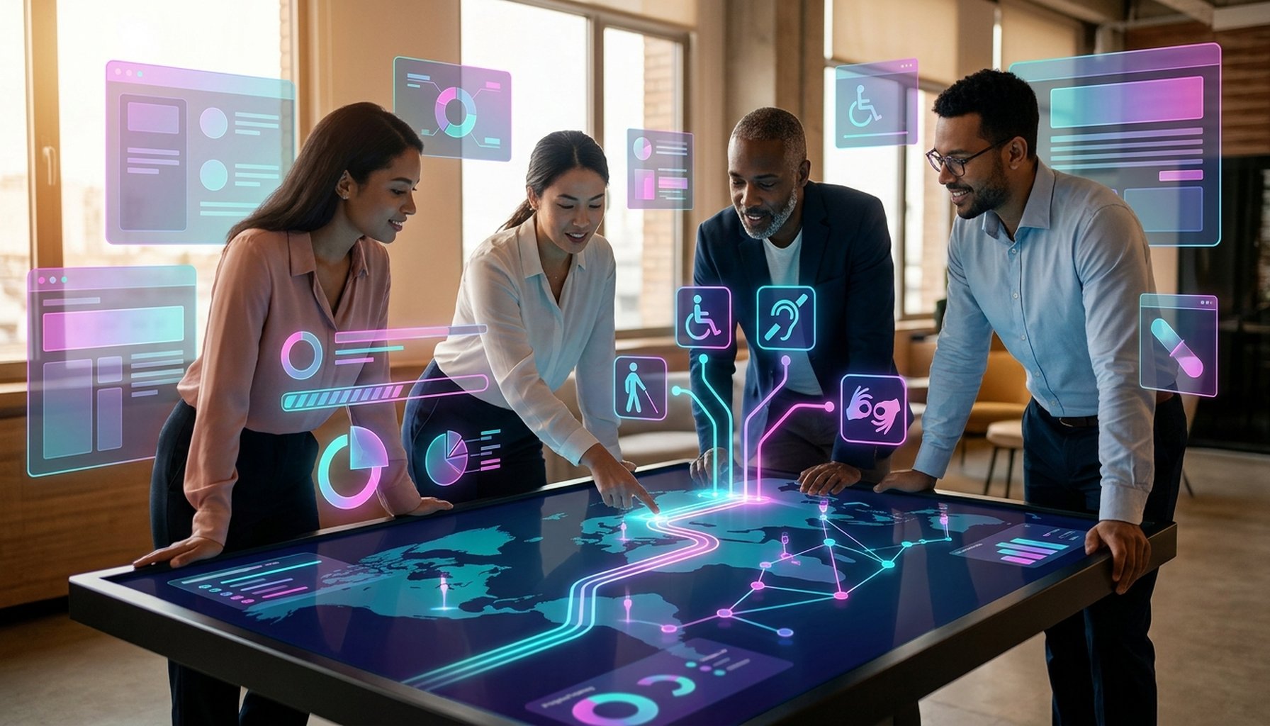 AI in Education: From Chaos to Clarity for Educational Leaders in 2026 4 A digital roadmap with multiple glowing paths, leading to interconnected nodes, and abstract accessibility symbols integrated.