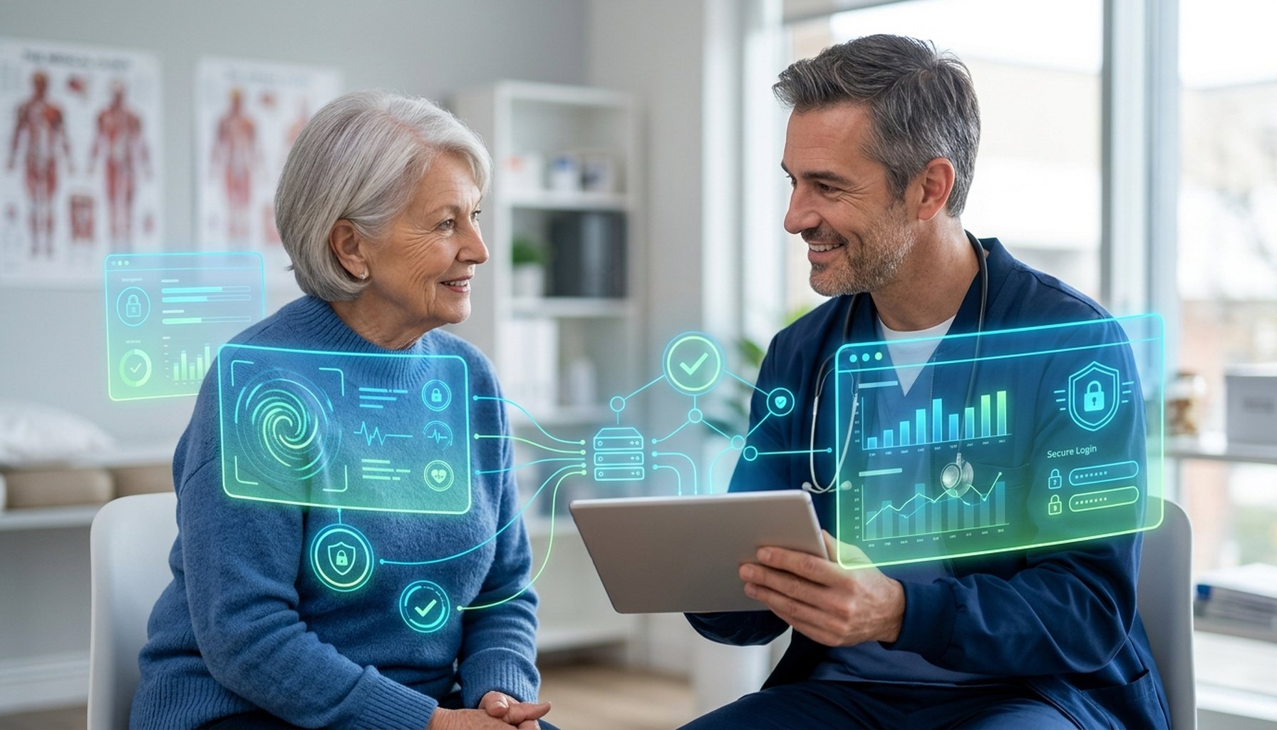 Healthcare AI Agents & Chatbots UAE: Transforming Compliance and Patient Service 4 A clean, modern digital interface showing a secure chatbot conversation with a patient, emphasizing end-to-end encryption and a positive patient experience.