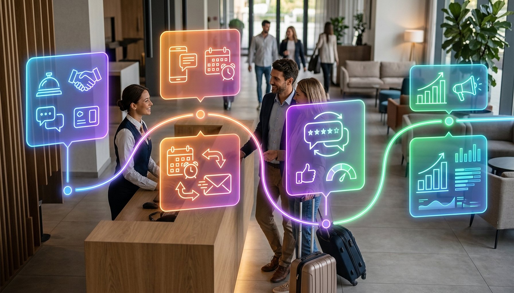 7 Proven Hospitality AI Agents Transforming Hotel Reservations & Guest Support 4 An infographic-style roadmap illustrating strategic steps, including automated guest communication, personalized reminders, and a system for review management.