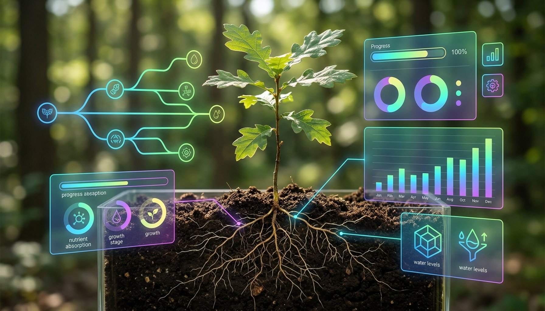 Agentic AI For The UAE & GCC: What Is it & Why Your Business Needs it. 5 Abstract illustration of a stylized plant or tree with digital roots and leaves, symbolizing growth, innovation, and skill development accelerated by AI for startups.