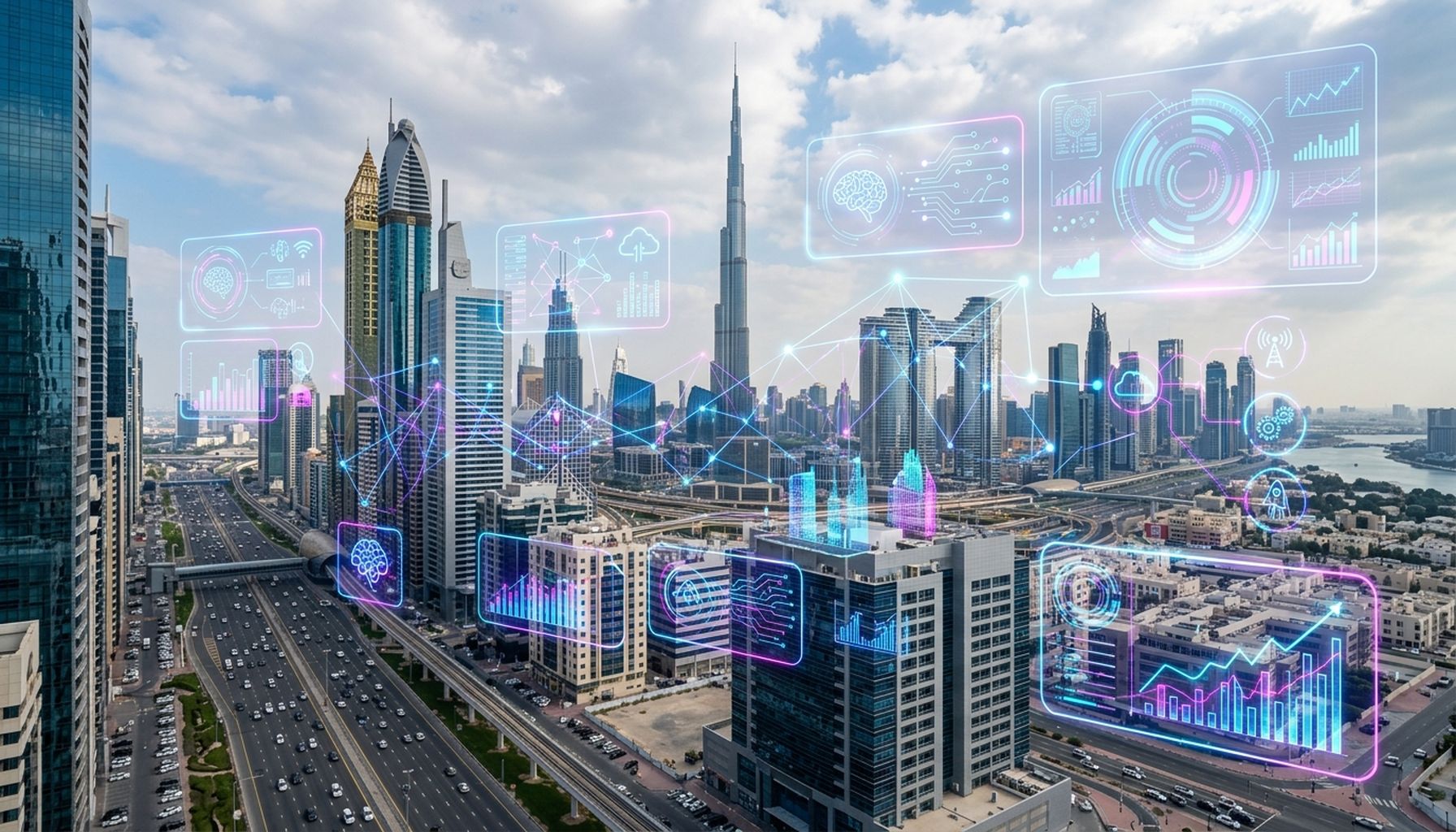 AI Agent & Chatbot Development Cost in Dubai: The Complete 2026 Pricing Guide with ROI Strategies 4 A futuristic, digitally enhanced cityscape of Dubai, symbolizing the city's advanced AI ecosystem and growth.
