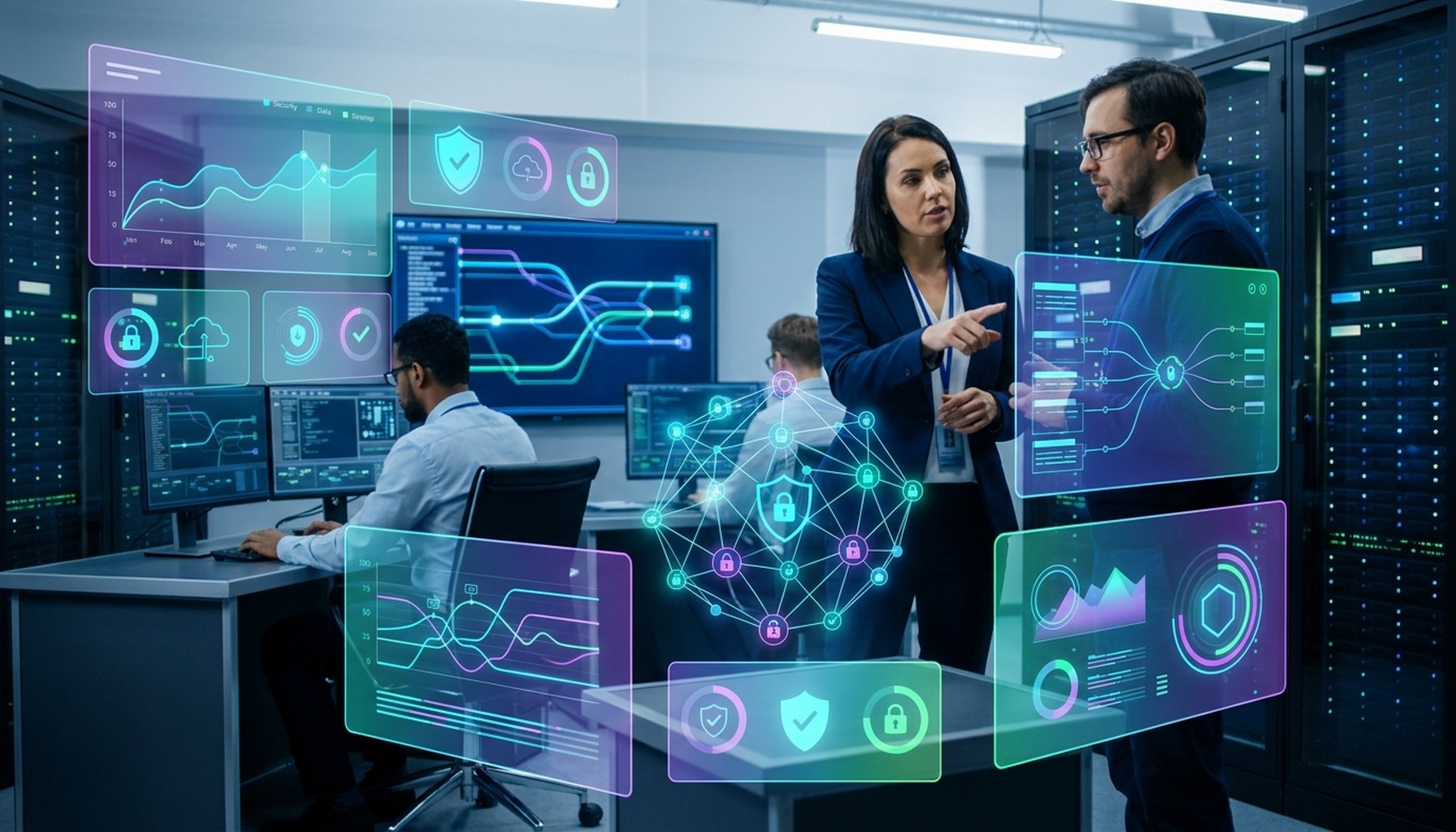 20+ Essential AI Agents and Intelligent Chatbots for Automating Dubai Real Estate 5 An abstract representation of secure AI agents and data protection in real estate, with digital shields and lock icons integrated into a network of data, emphasizing compliance with privacy laws and industry regulations.