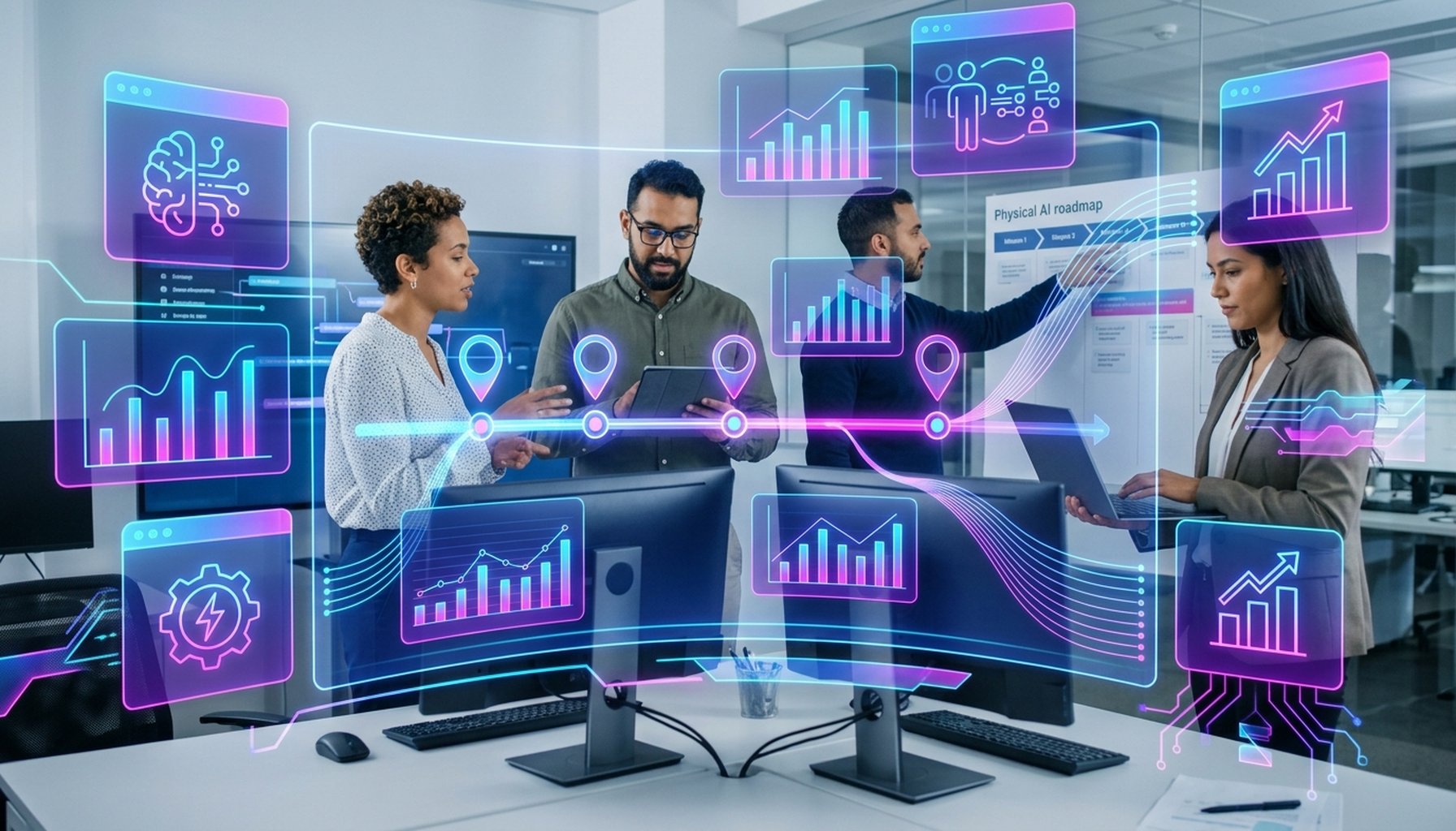 Healthcare AI Agents & Chatbots UAE: Transforming Compliance and Patient Service 5 An illustrative roadmap with distinct stages, featuring icons representing planning, deployment, and the collaborative interaction between human staff and AI chatbots in a healthcare setting.