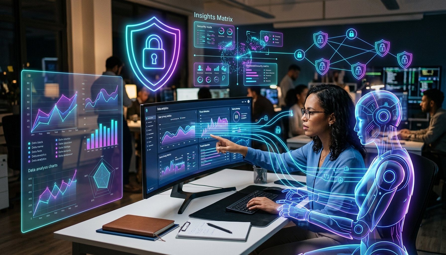 7 Proven Hospitality AI Agents Transforming Hotel Reservations & Guest Support 5 An abstract composition featuring a digital shield and lock icon, intertwined with data visualization elements, symbolizing security, privacy, and advanced AI capabilities.