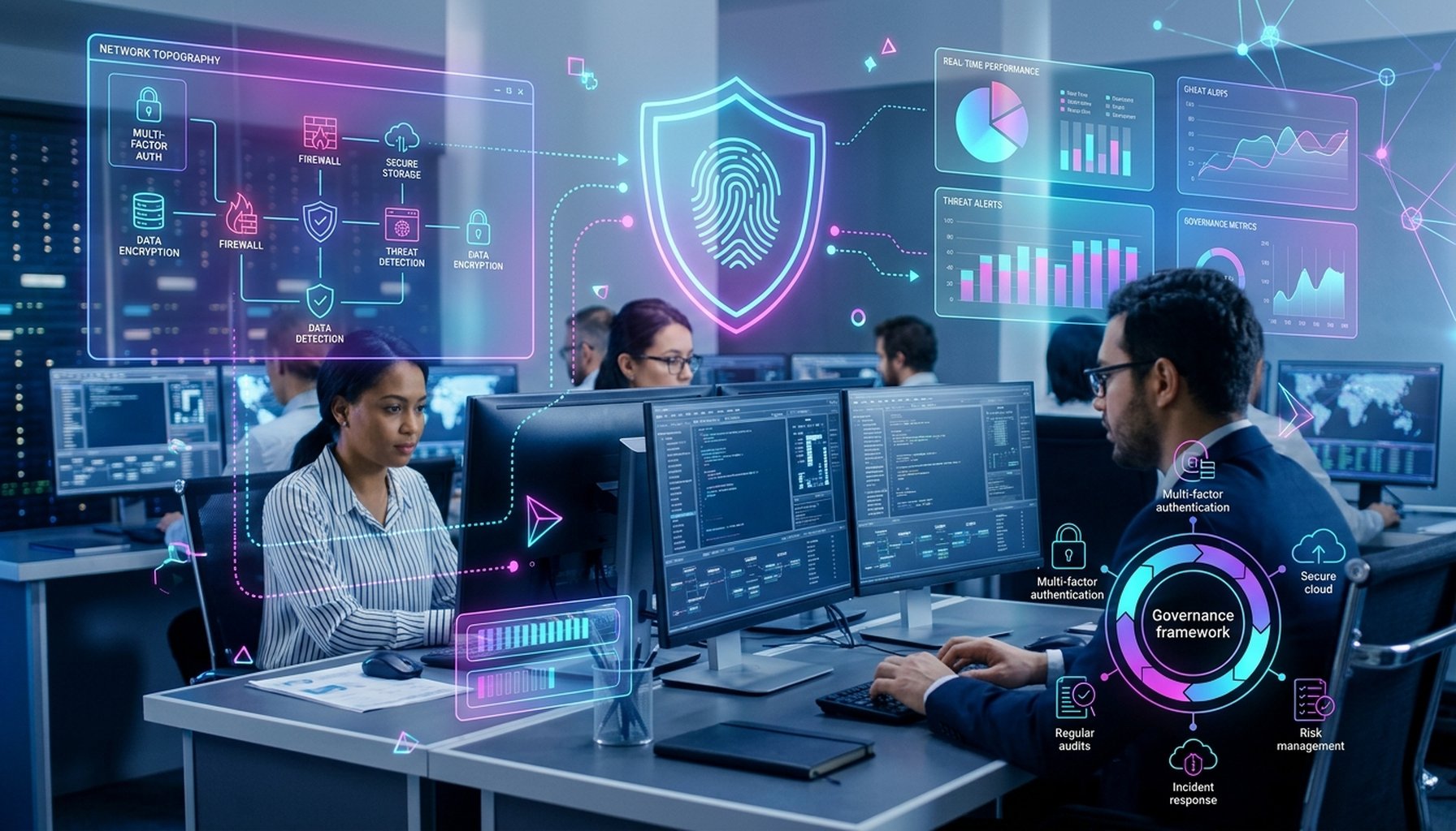 Agentic AI Implementation in Dubai Private Sector: The Ultimate Guide for 2026 6 Abstract illustration of a secure digital network with protective shields, representing AI governance and security.