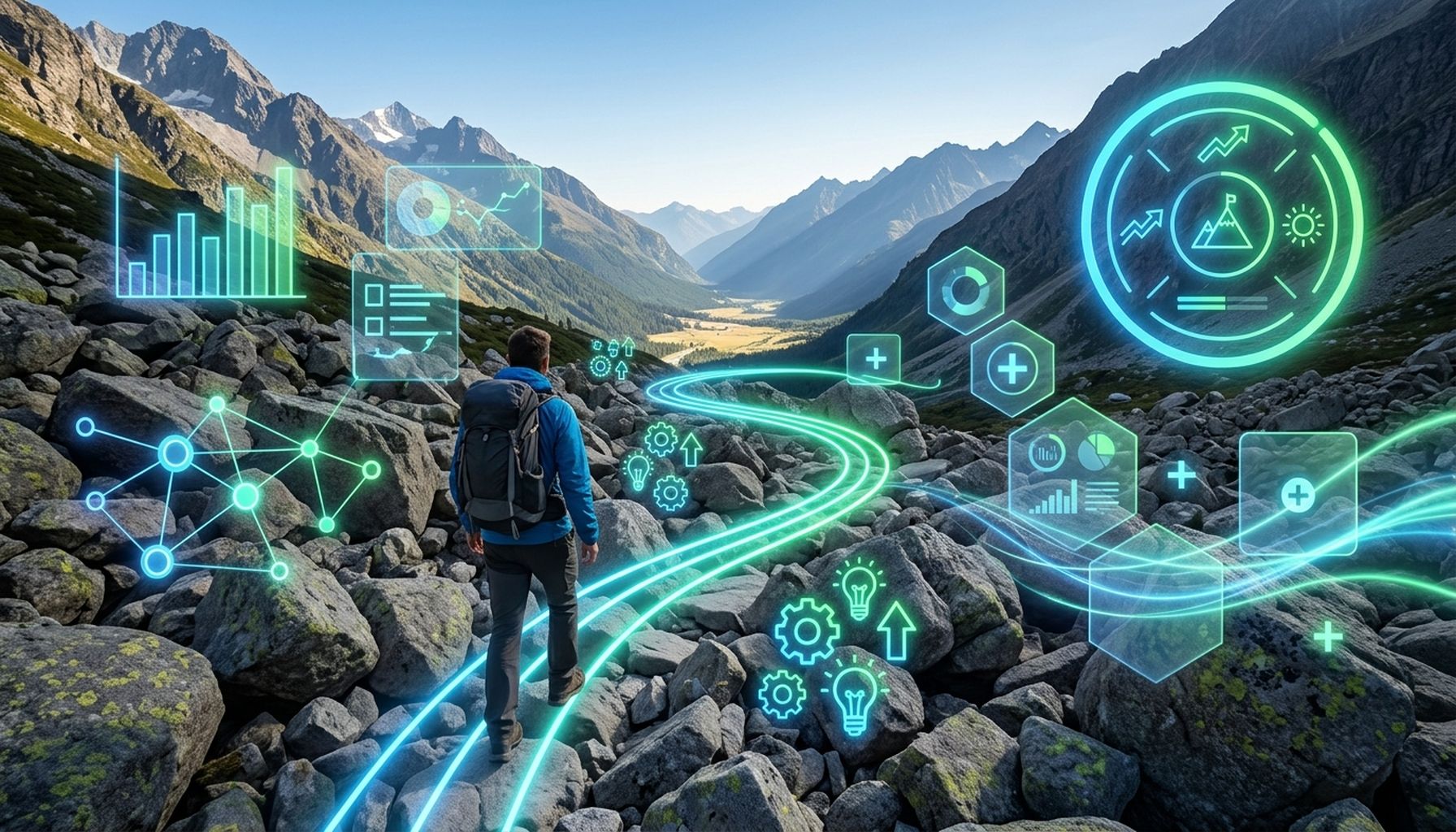Agentic AI For The UAE & GCC: What Is it & Why Your Business Needs it. 6 Abstract visual depicting a clear, illuminated path navigating around and over geometric obstacles, symbolizing strategies for overcoming barriers in AI adoption.