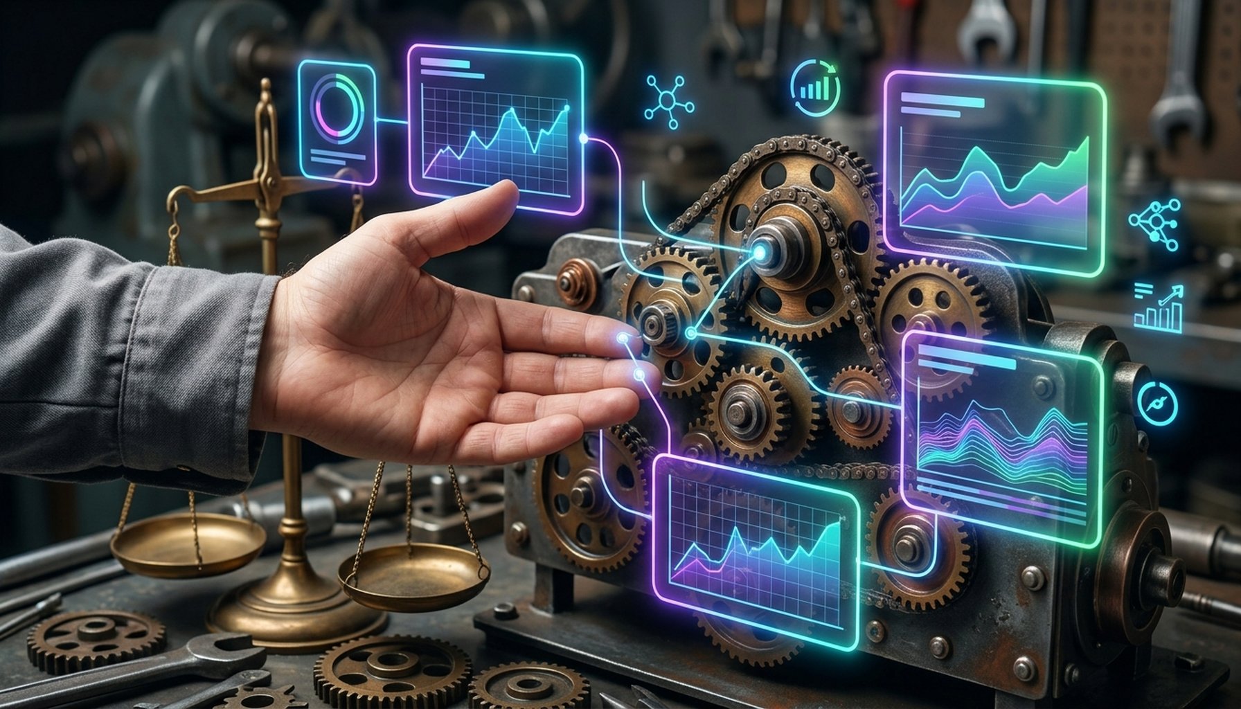 AI in Education: From Chaos to Clarity for Educational Leaders in 2026 6 Interconnected gears symbolizing AI systems, with a subtle human hand guiding them, and digital balance scales representing fairness and accountability.