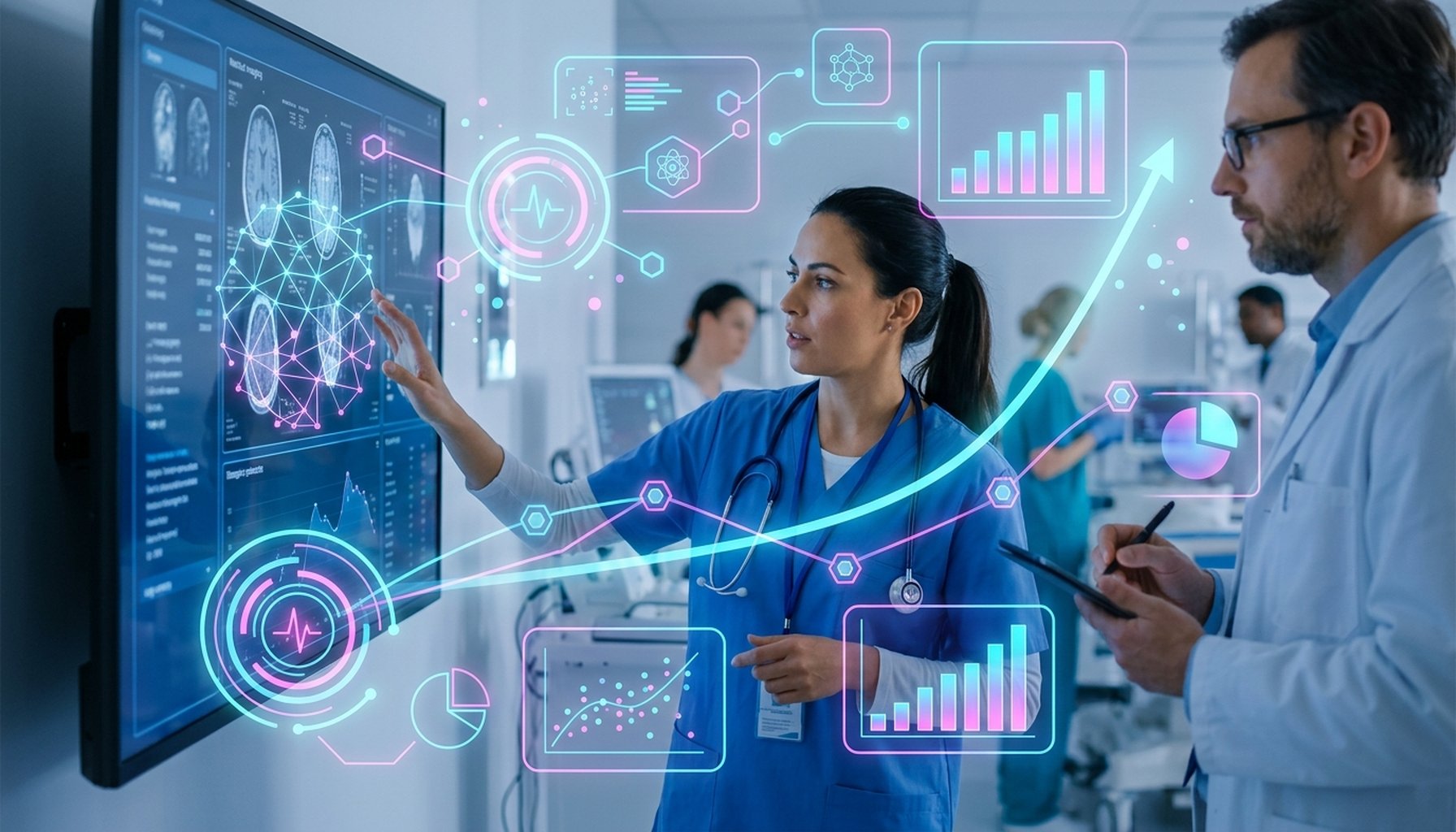 Healthcare AI Agents & Chatbots UAE: Transforming Compliance and Patient Service 6 A dynamic graphic depicting an upward growth curve or evolving network, symbolizing emerging trends, future-proofing investments, and the continuous evolution of healthcare AI in the UAE.