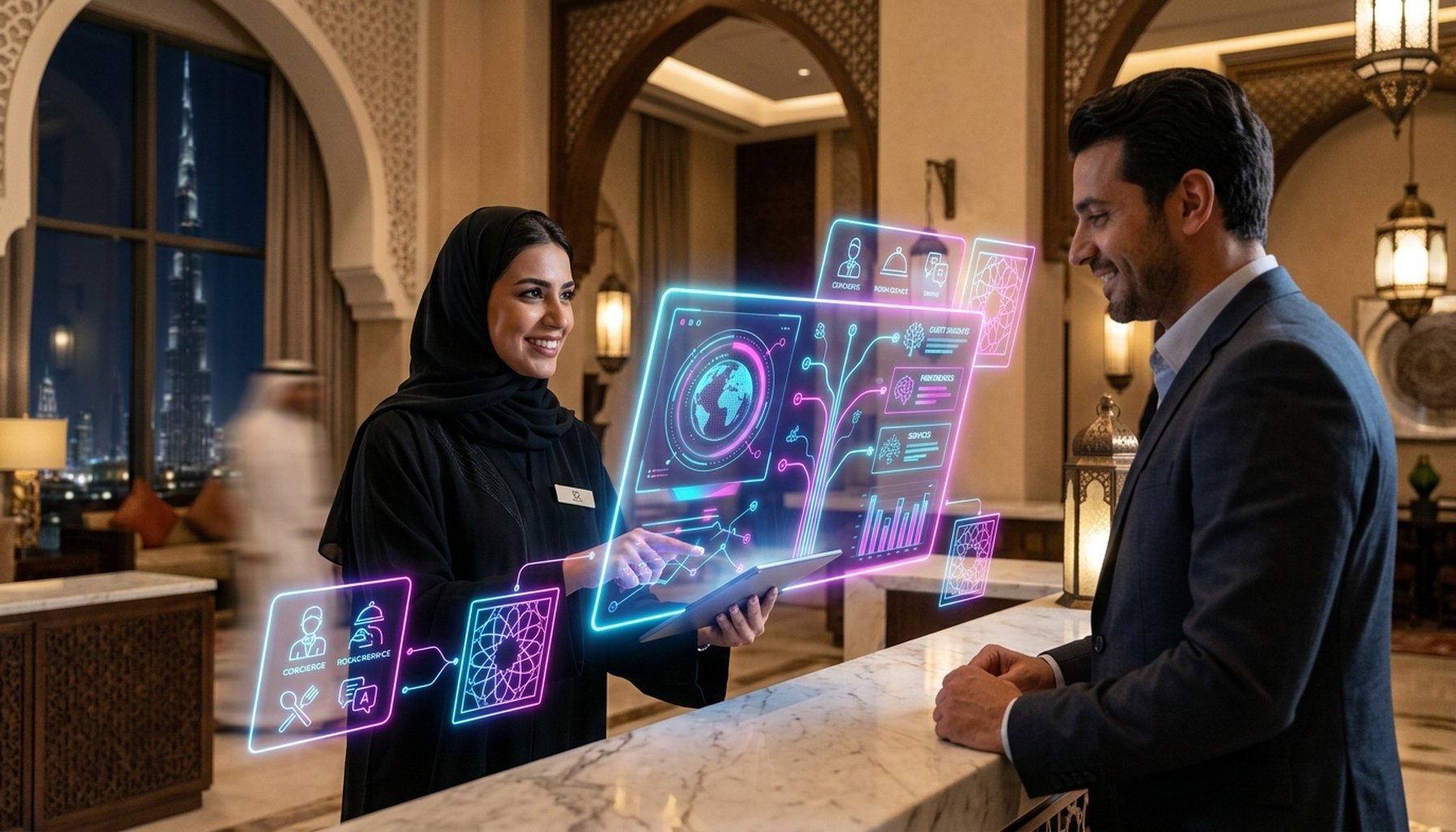 7 Proven Hospitality AI Agents Transforming Hotel Reservations & Guest Support 6 A visual blend of modern AI technology icons with subtle, elegant patterns inspired by traditional UAE hospitality, representing cultural integration and strategic partnership.