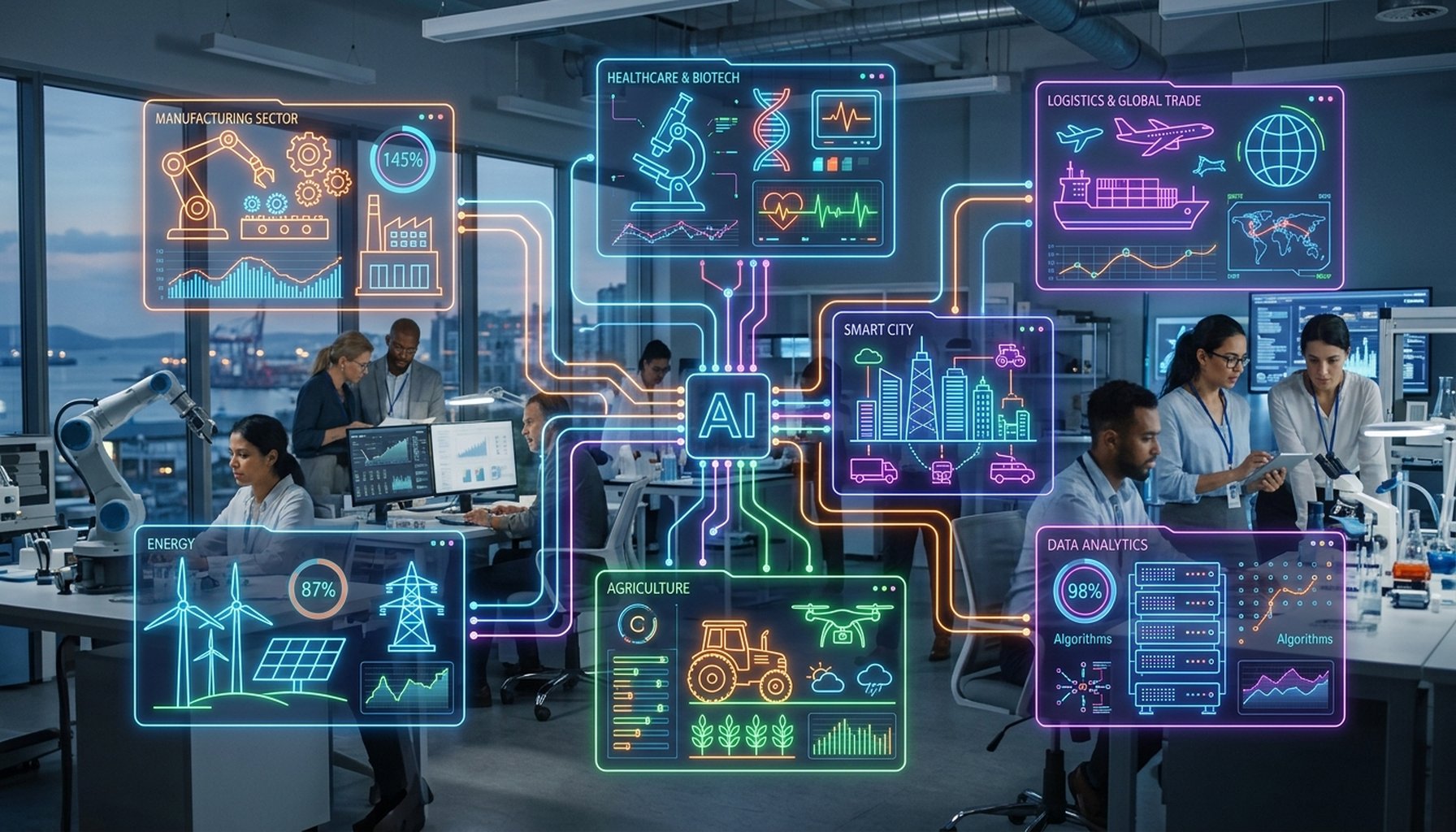 Agentic AI Implementation in Dubai Private Sector: The Ultimate Guide for 2026 7 Grid of various industry symbols (e.g., finance, healthcare, retail) connected by digital lines, indicating AI applications.