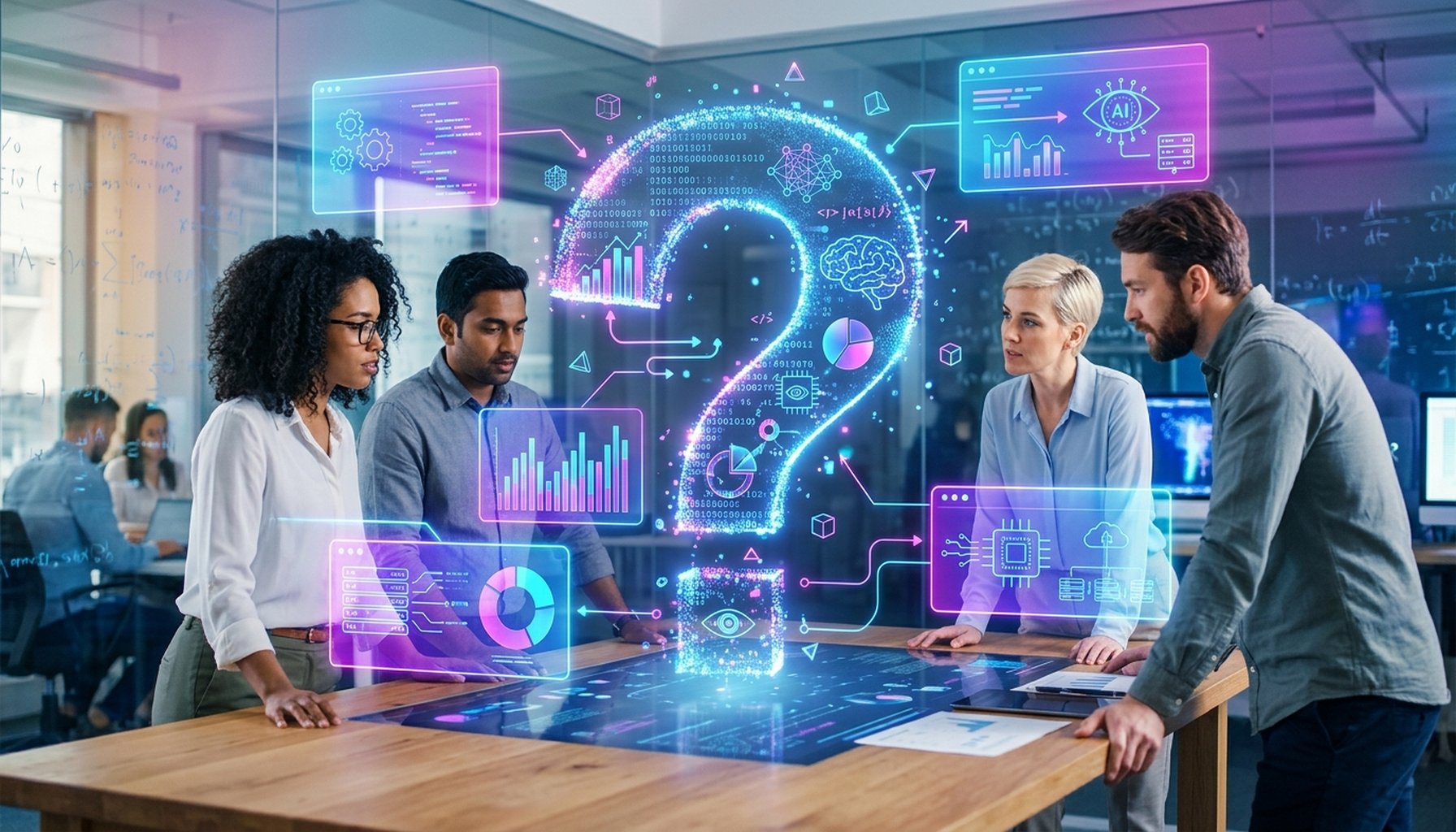 AI Agent & Chatbot Development Cost in Dubai: The Complete 2026 Pricing Guide with ROI Strategies 6 An abstract question mark formed by interconnected digital data points or AI-related graphics, representing frequently asked questions.