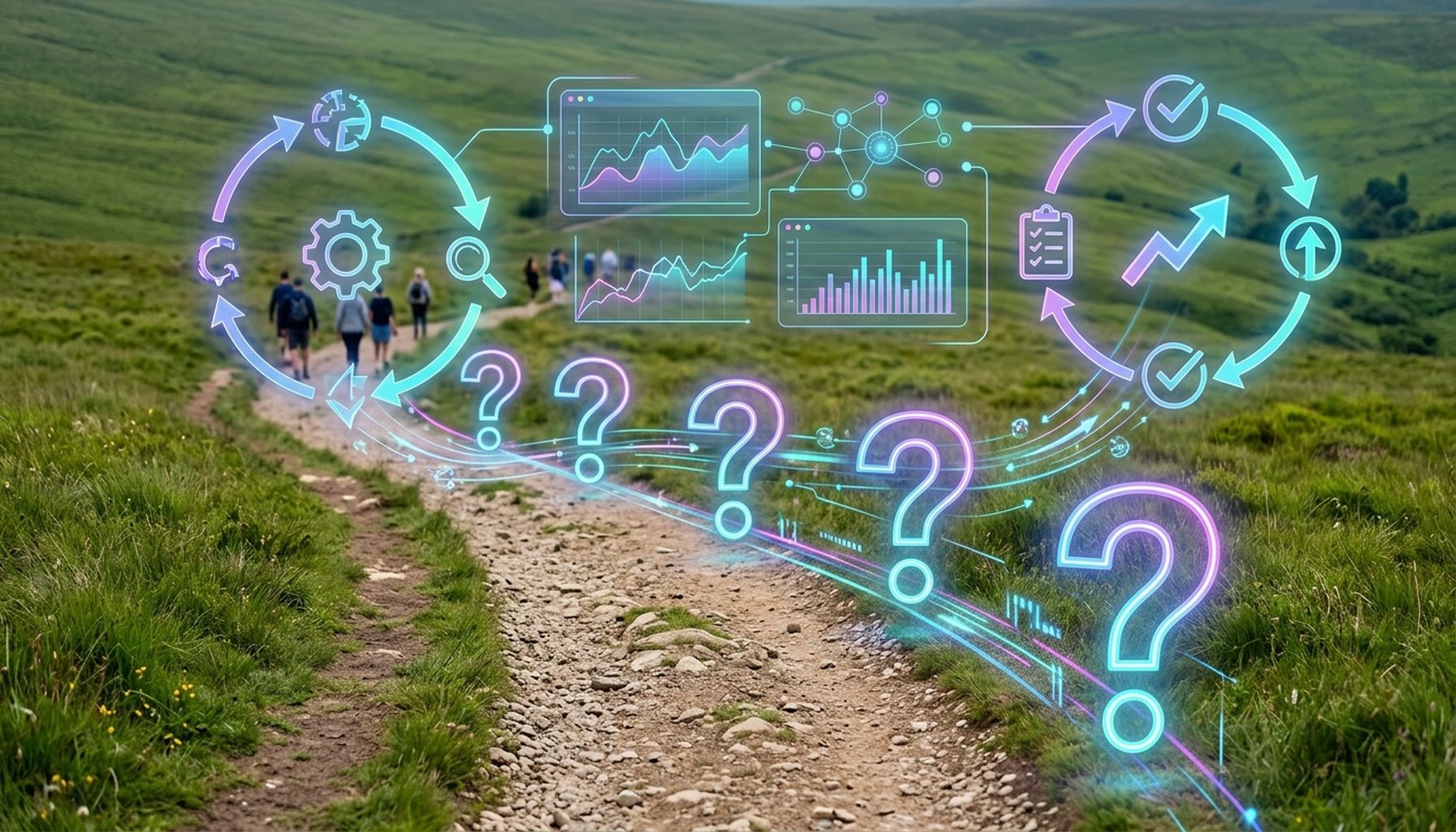 AI in Education: From Chaos to Clarity for Educational Leaders in 2026 7 A series of question marks arranged to form a path, leading to a continuous improvement cycle graphic.
